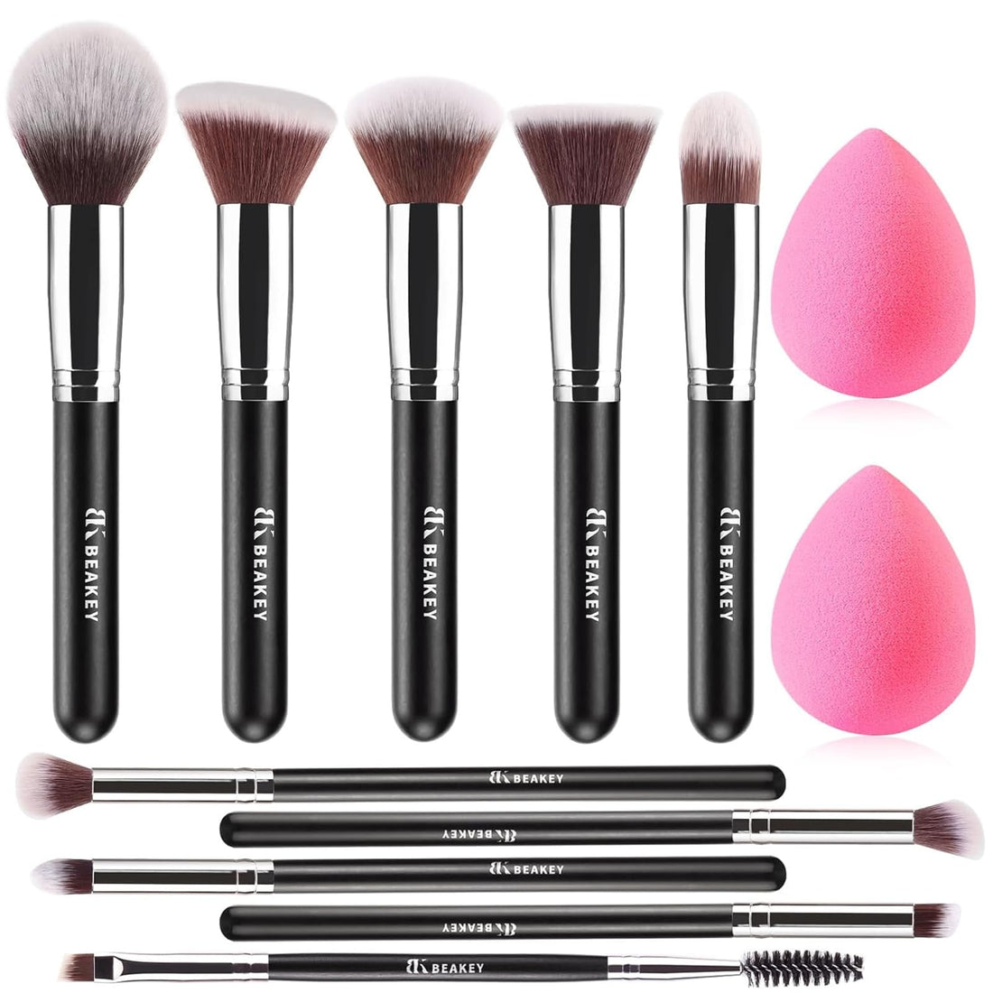 BEAKEY Diversity Makeup Brushes 12 Pcs Makeup Kit, Premium Synthetic Kabuki Foundation Face Powder Concealer Eyeshadow Blush Set, with 2 Pcs Blender Sponges (Black/Silver) Halalzen