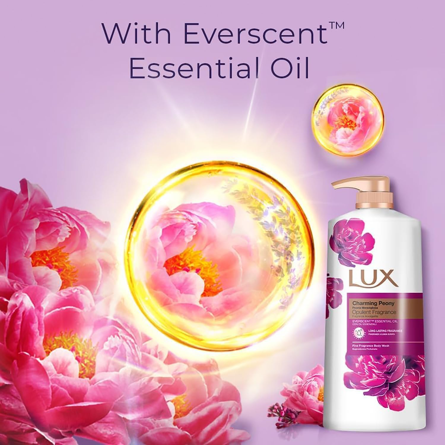 LUX Charming Peony Body Wash with Orange Oil - Men's & Women's Aromatic, Long-Lasting Fine Fragrance Shower Gel, Nourishing Body Cleanser, Aromatic Fragrance Bath Soap - Pack of 1, 1L