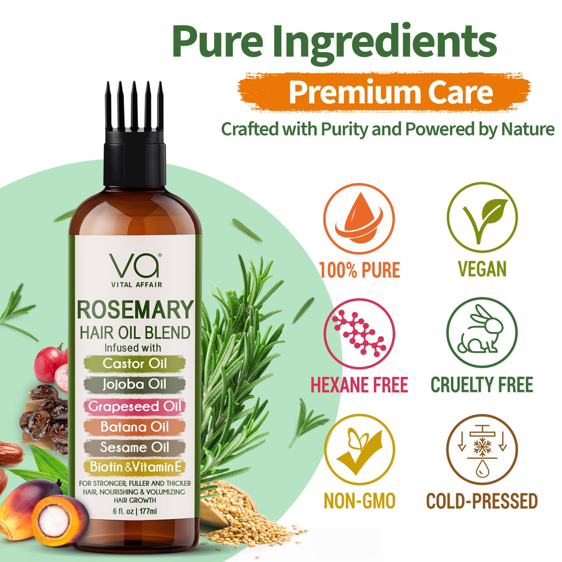 VITAL AFFAIR Blend Of Pure Rosemary Oil For Hair Growth With Castor, Batana, Jojoba Oil-Infused With Biotin & Vitamin E-Blend of Effective Hair Oils for Hair Growth-Strengthening Treatment 6 Fl Oz Halalzen
