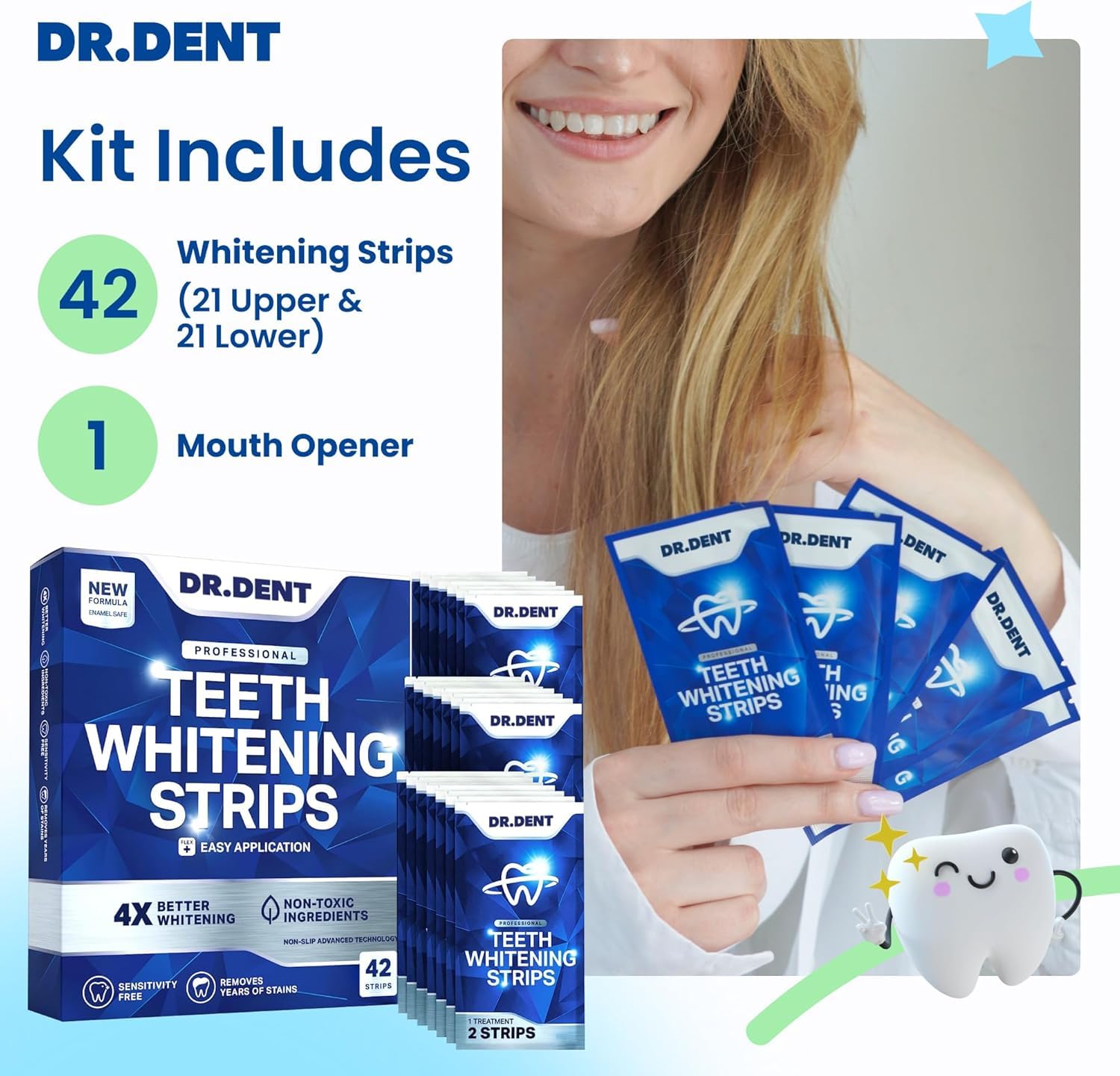 DRDENT Teeth Whitening Strips Professional Strength – 21 Treatments (42 Strips) with Mouth Opener – Enamel Safe Teeth Whitening Kit for Sensitive Teeth