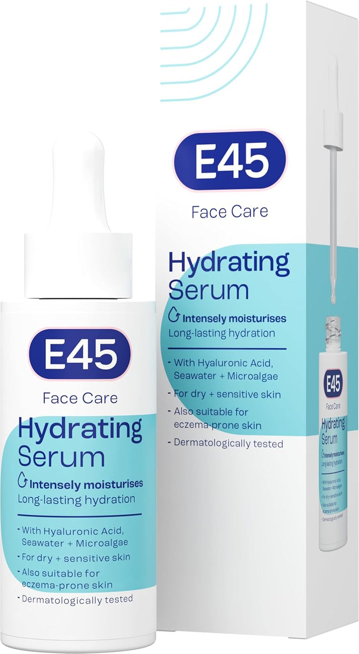 E45 Face Hydrating Serum - Instant 48-Hour Hyaluronic Acid Formula for Dry, Sensitive & Eczema Prone Skin - Rehydrating & Reinvigorating Serum – Perfume Free - Dermatologically Tested - 30ml Halalzen