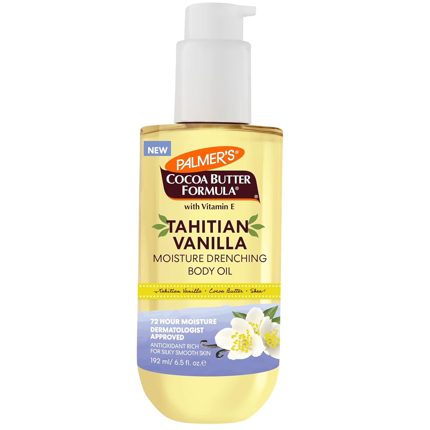 Huile corporelle au beurre de cacao de Palmer's, vanille tahitienne hydratante, 192 ml, hydratation 72 h avec beurre de karité et vitamine E pour une peau plus douce, protège et apaise la sécheresse, approuvée par les dermatologues