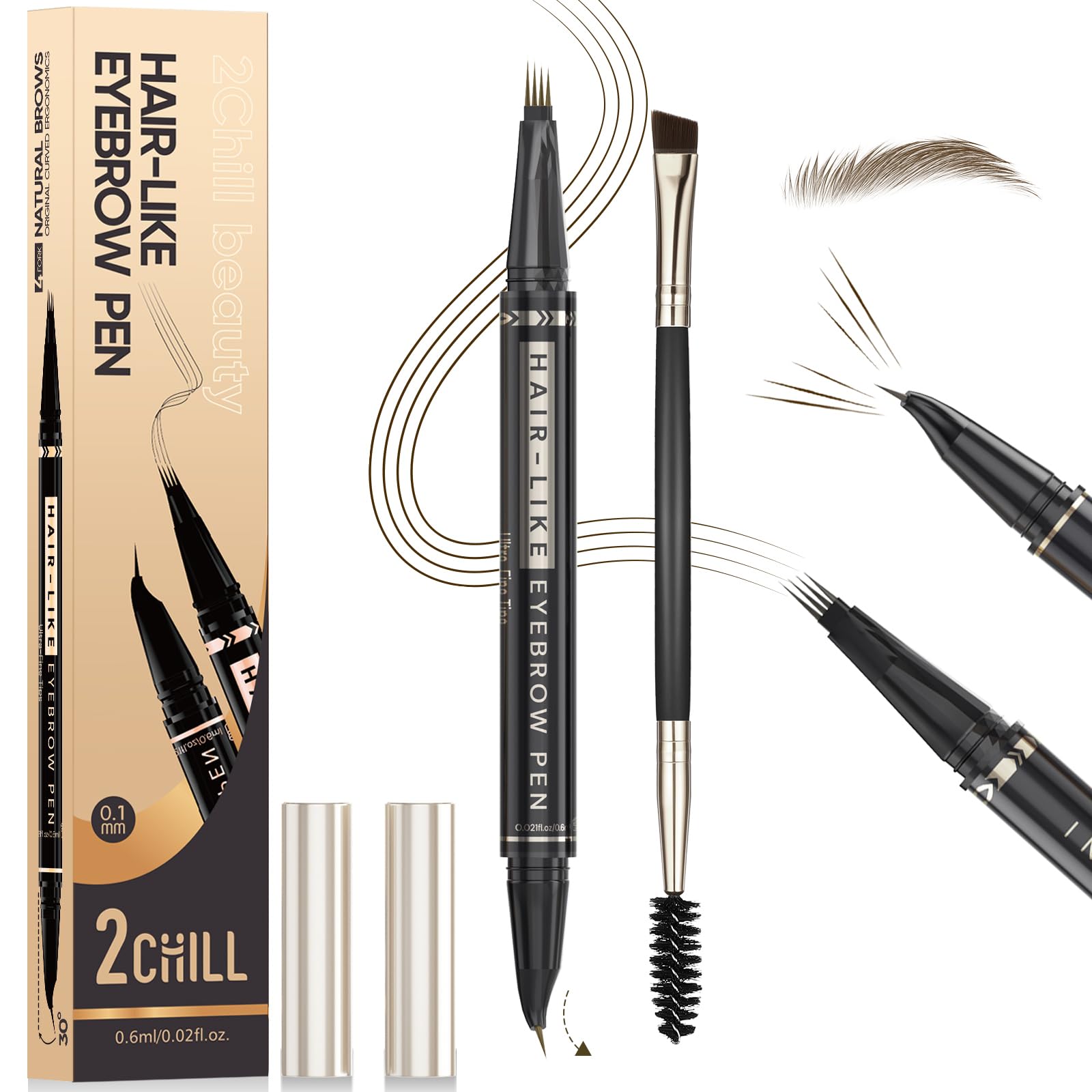 2CHILL 30° Curved Eyebrow Pencil, Magic 2 in 1 Eyebrow Pen Pro, Waterproof Eye Brow Pen with 4 Tips, Vivid Microblading Brow Pencils for Women, Last All Day Makeup (03 Dark Brown)