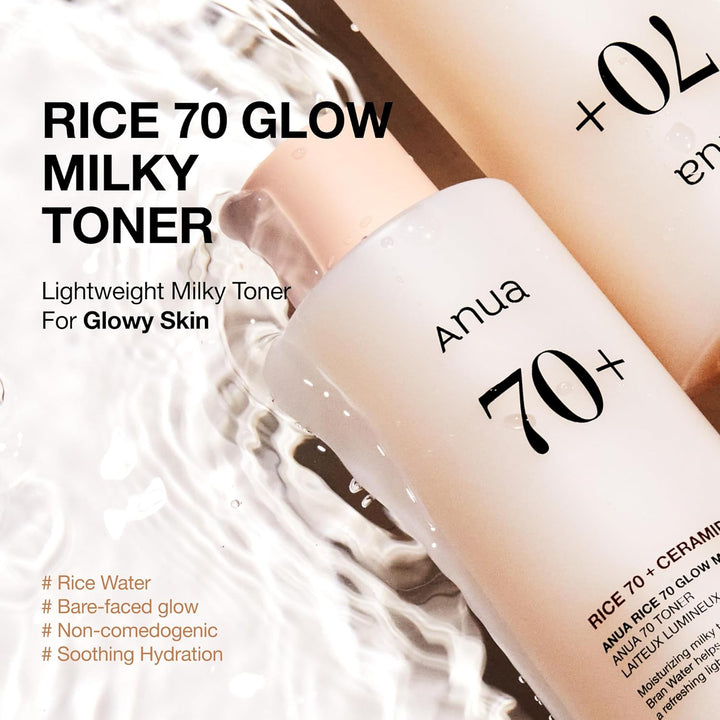 Anua Rice 70 Glow Milky Toner, Glass & Dewy Skin, Hydrating & Barrier Care, Rice Water, Niacinamide, Ceramides, All Skin Types, Fragrance-Free, Non Comedogenic, Korean Skincare, 8.45 fl.oz.