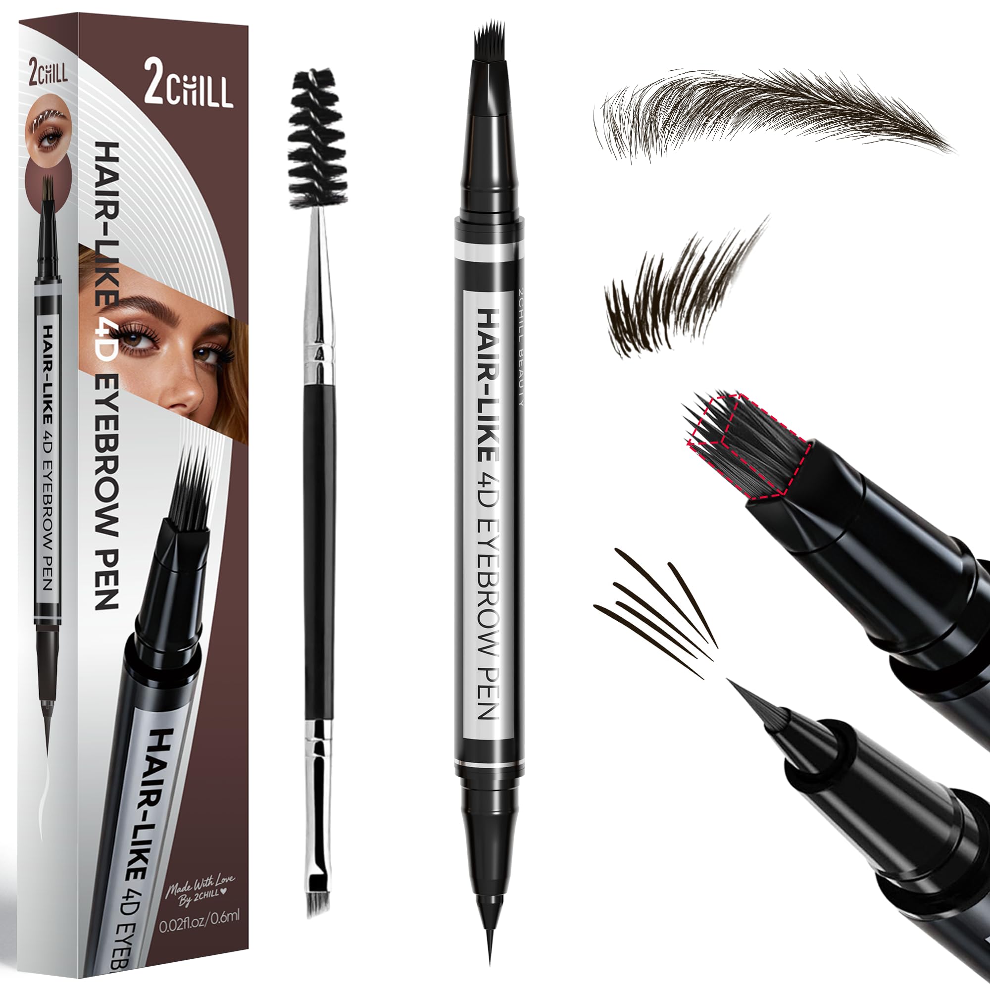 2CHILL 2-in-1 Eyebrow Pen for Women, Microblading 4D Eyebrow Pencil with Hair-Like Brush Tip, Waterproof Long Lasting Natural Brow Makeup, Dual-Ended Eyebrow Brush & Eyeliner Function (Dark Brown)