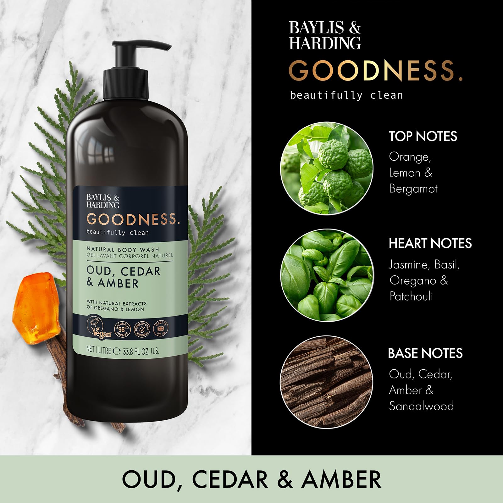 Baylis & Harding Goodness Oud, Cedar and Amber Body Wash, 500 ml (Pack of 3) - Vegan Friendly