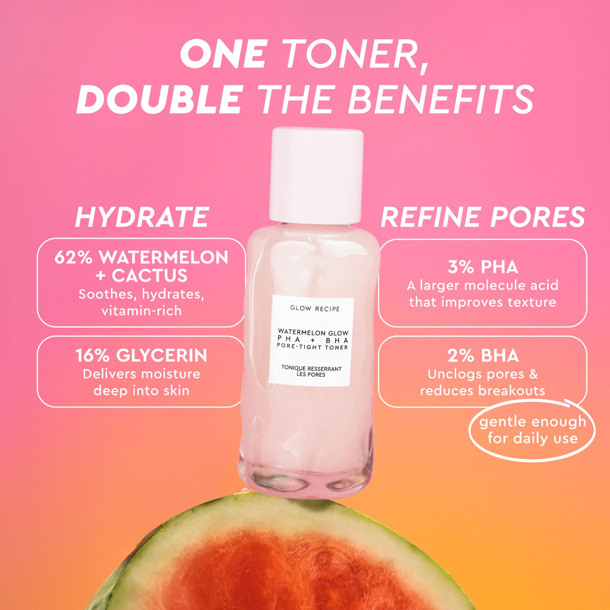 Glow Recipe PHA + BHA Face Toner, Korean Exfoliating Toner for Pores, Gentle Chemical Exfoliant + Hydrating Toner, Watermelon, Cactus Water + Glycerin (150ml)