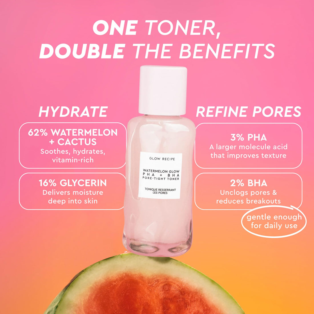 Glow Recipe PHA + BHA Face Toner, Korean Exfoliating Toner for Pores, Gentle Chemical Exfoliant + Hydrating Toner, Watermelon, Cactus Water + Glycerin (150ml)