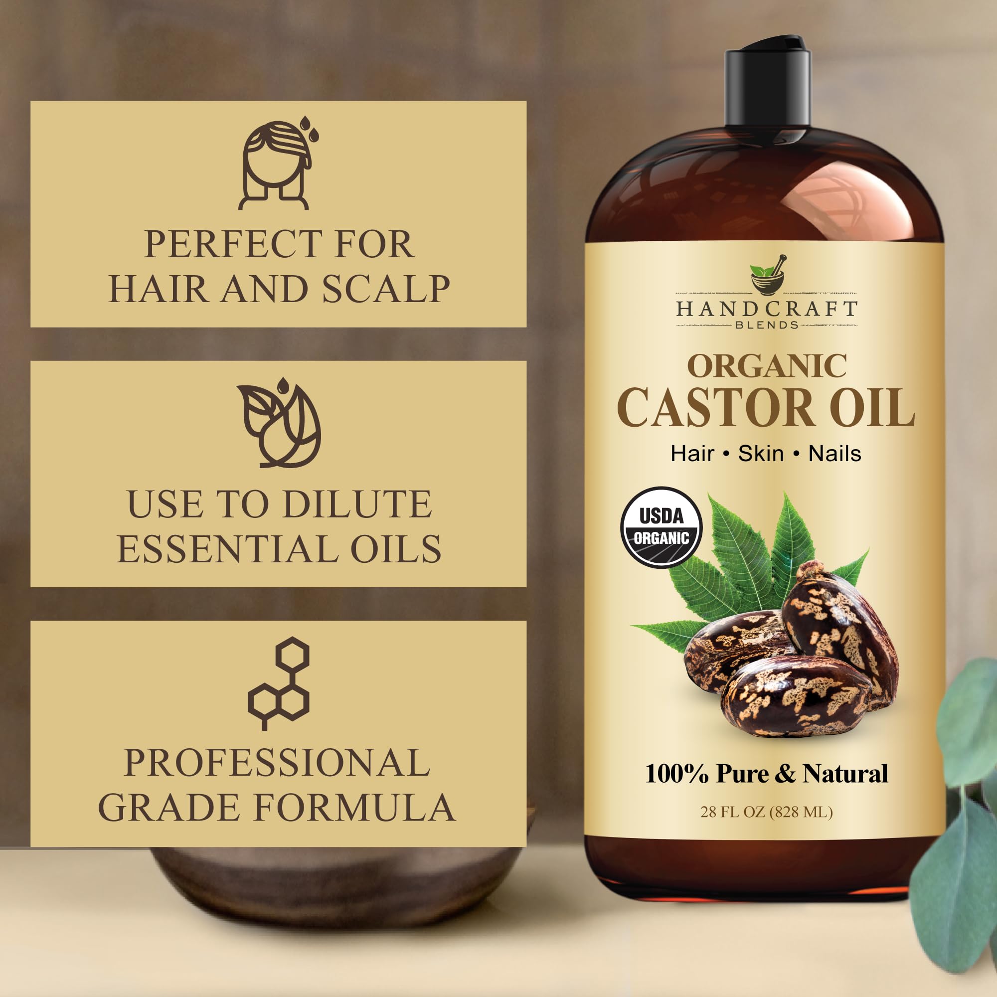 Handcraft Blends Huile de Ricin et Huile de Romarin 236 ml | 100% Pure et Naturelle | Huile Support de Qualité Supérieure | Cheveux, Cils et Sourcils | Cheveux et Corps