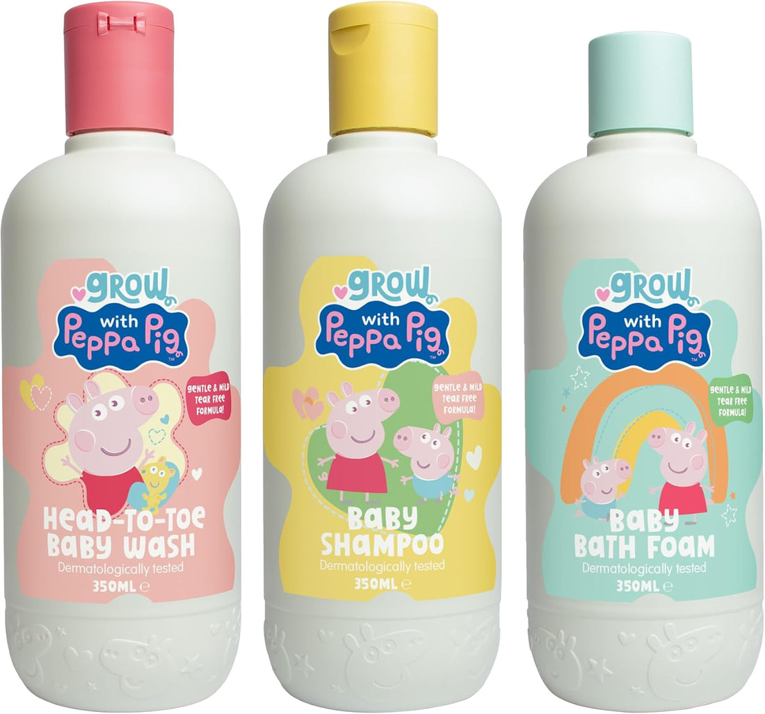 Peppa Pig Bathtime Fun Bundle - 350mlx3 - Coconut & Grape Baby Wash, Peach & Oat Milk Kids Shampoo and Peach & Oat Milk Bubble Bath & Baby Wash - Hypoallergenic & Dermatologically Approved