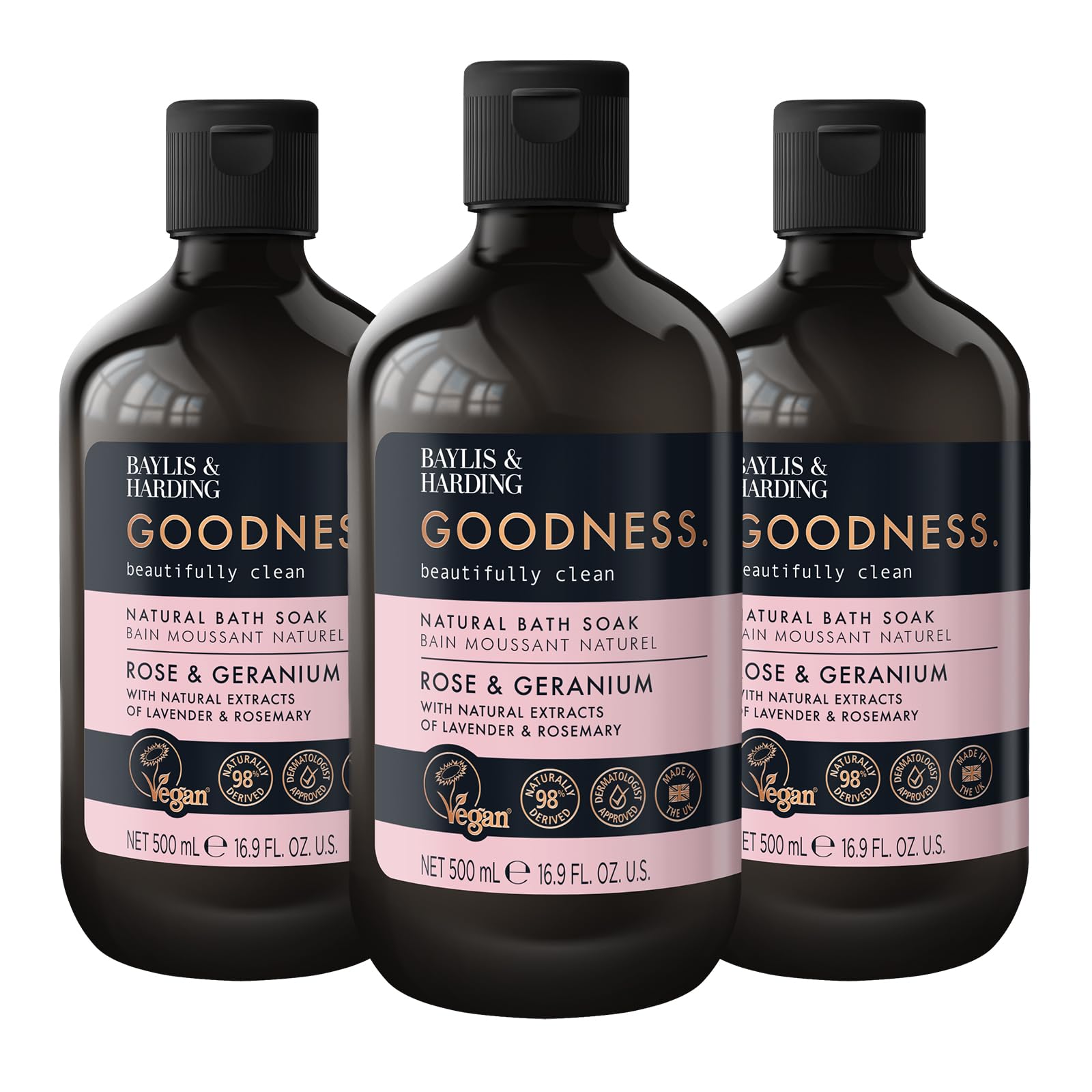 Baylis & Harding Goodness Rose & Geranium Natural Body Wash, 500 ml (Pack of 3) - Vegan Friendly