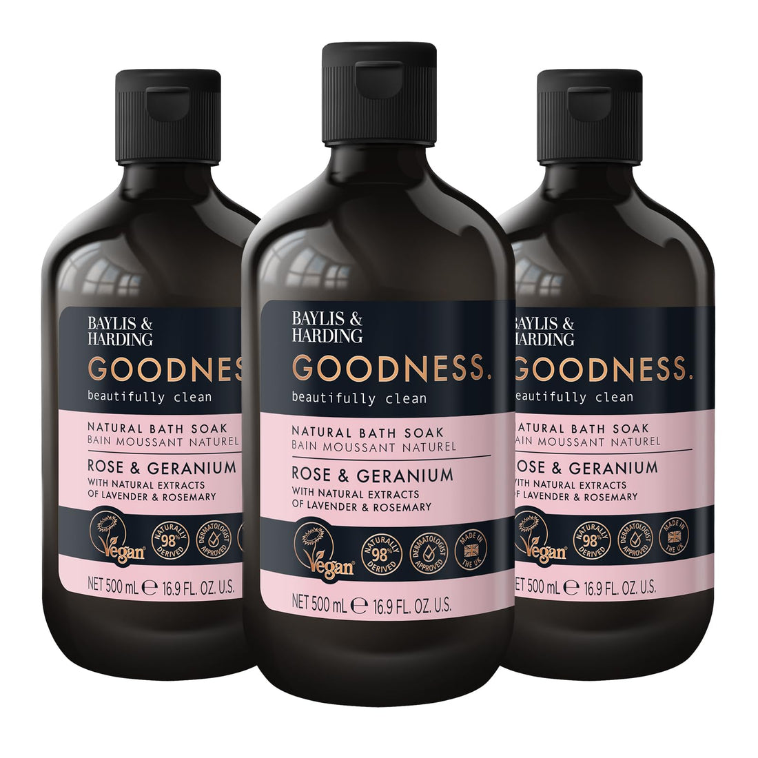 Baylis & Harding Goodness Rose & Geranium Natural Body Wash, 500 ml (Pack of 3) - Vegan Friendly