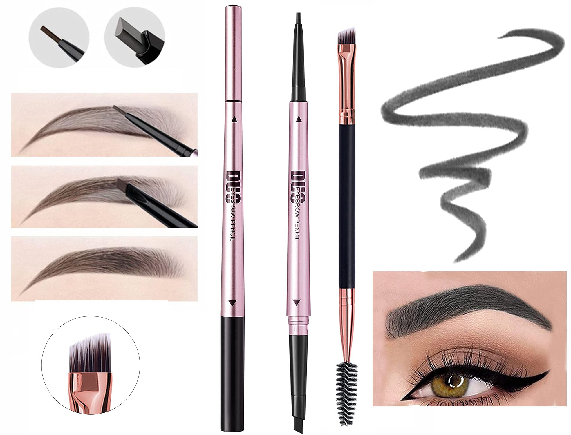 Mihqy 2 PCS Eyebrow Pencil Waterproof with Brow Brush, Dual Ended Eyebrow Pen, Automatic Makeup Cosmetic Tool(Dark Brown)