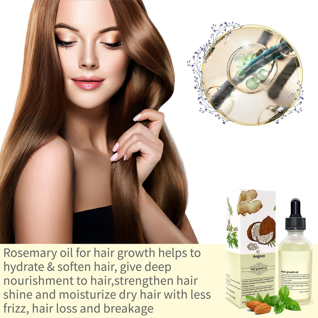 Veganic Hair Oil,100% Natural Growth With Caffeine,Biotin,Coconut,Macadamia,Rosemary and Castor for Growth,Thickening Hair Mask & Loss Treatment,60ml