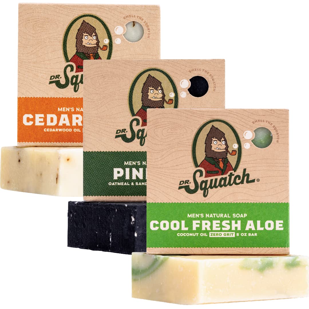 Dr. Squatch Natural Men’s Bar Soap - Cold Process Body Soap Bar with Natural Oils - Gifts for Men - Birchwood Breeze, Fresh Falls & Wood Barrel Bourbon (5 oz, 3-Pack)