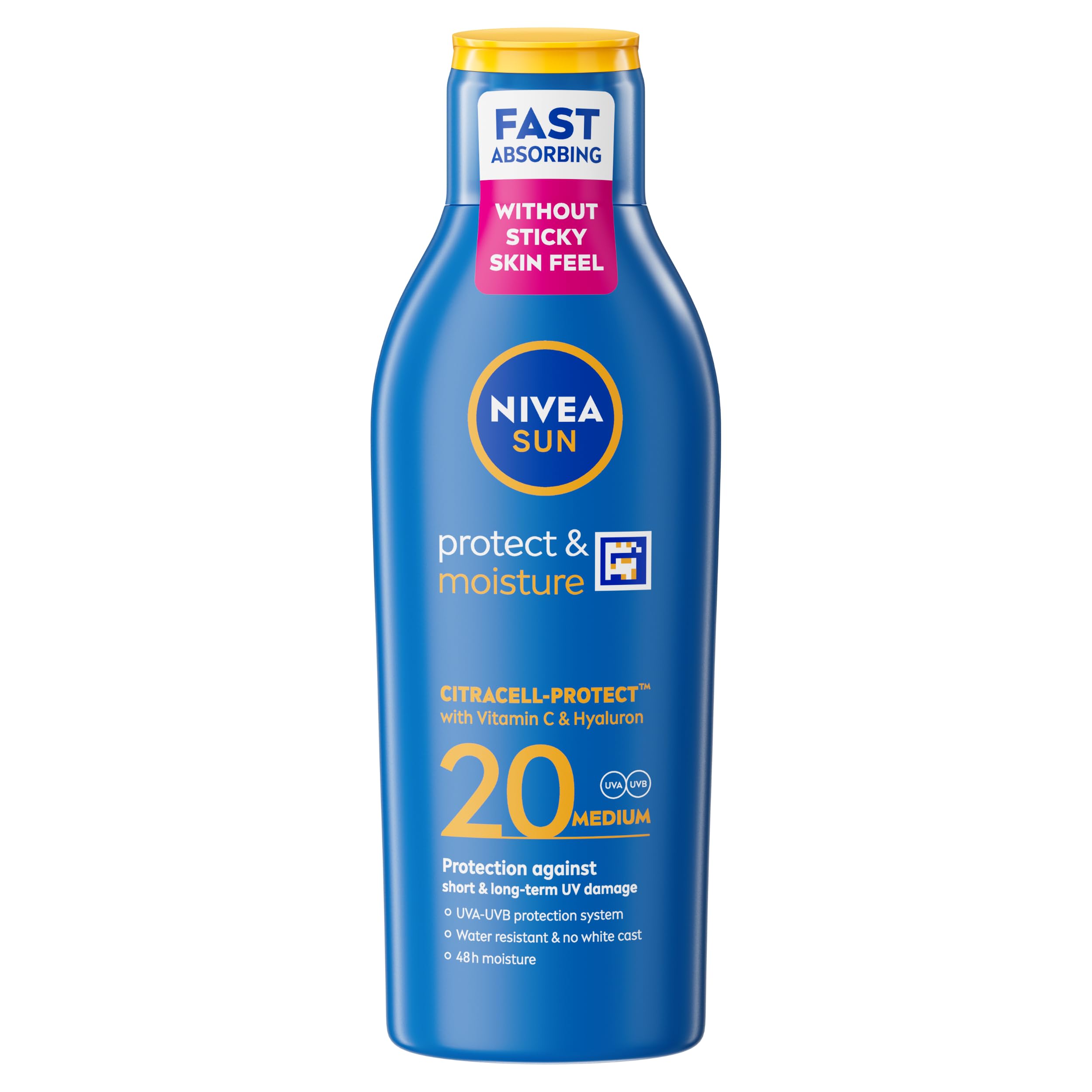 NIVEA SUN Protect & Moisture Sun Lotion SPF 30 (200 ml), Suncream with Vitamin C and Hyaluron, Provides 48H Moisture & Immediate UVA & UVB Protection, Fast-Absorbing No White Cast Formula