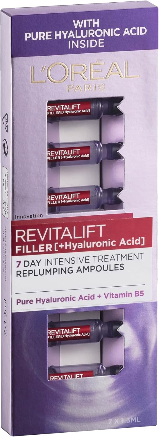 L'Oreal Paris Revitalift Filler Replumping Hyaluronic Acid Ampoules, Intensive 7-Day Treatment To visibly Smooth, Replump Skin & Reduce Fine Lines, 7 x 1.3ml