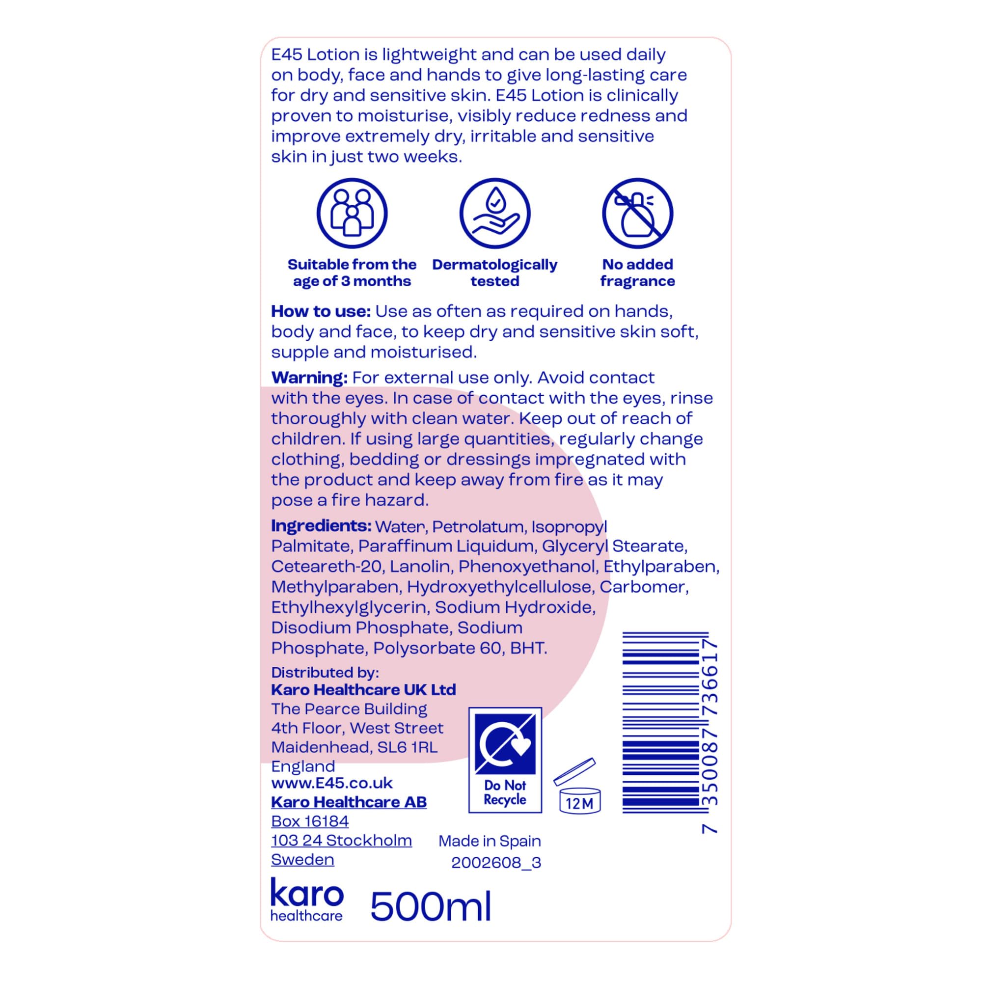 E45 Moisturising Lotion 500 ml for Dry & Sensitive Skin - Long-Lasting Hydration Protect from Dryness, Reduce Redness - Dermatological Body Moisturiser Lotion - Body Lotion - Daily Moisturiser Halalzen
