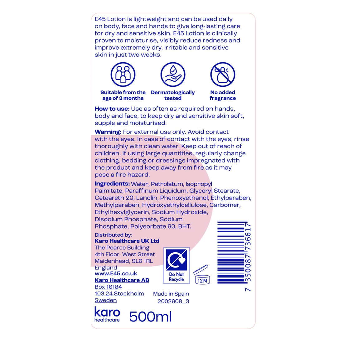 E45 Moisturising Lotion 500 ml for Dry & Sensitive Skin - Long-Lasting Hydration Protect from Dryness, Reduce Redness - Dermatological Body Moisturiser Lotion - Body Lotion - Daily Moisturiser Halalzen