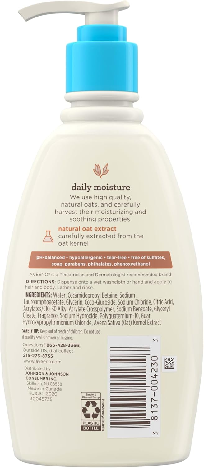 Aveeno Baby Daily Moisture Gentle Body Wash & Shampoo with Oat Extract, 2-in-1 Baby Bath Wash & Hair Shampoo, Tear- & Paraben-Free for Hair & Sensitive Skin, Lightly Scented, 12 fl. oz Halalzen