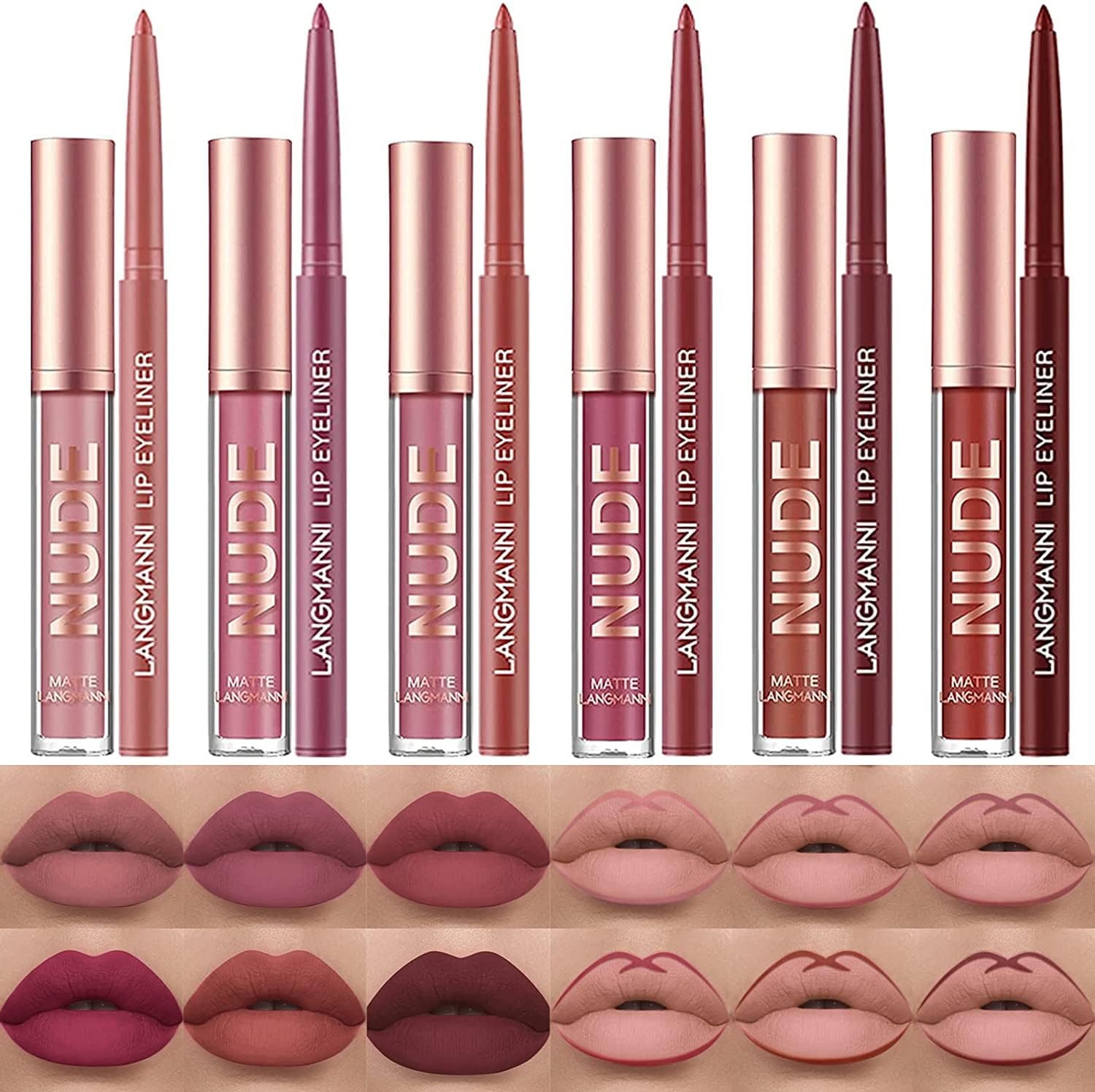 LANGMANNI 6 Matte Lipstick with 6 Lipliners Durable Lip Gloss,Long-Lasting&Waterproof Non-Stick Cup High Pigmented Velvet Lipgloss Kit,Beauty Cosmetics Gift for Girls(12PCS) Halalzen