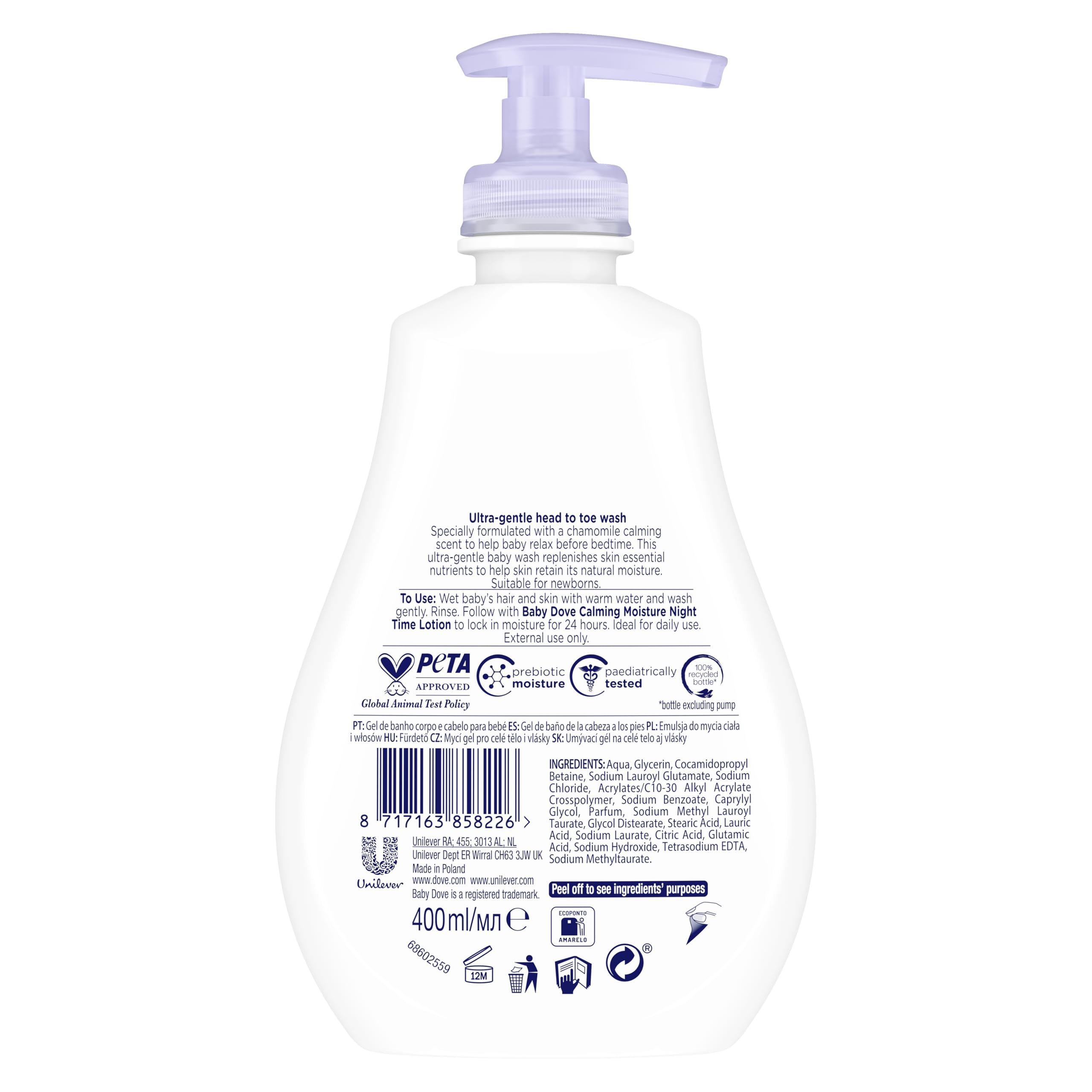 Baby Dove Calming Moisture Head to Toe Wash – Gentle Chamomile Baby Wash for Sensitive Skin, Relaxes & Soothe Before Bed, 3 x 400ml