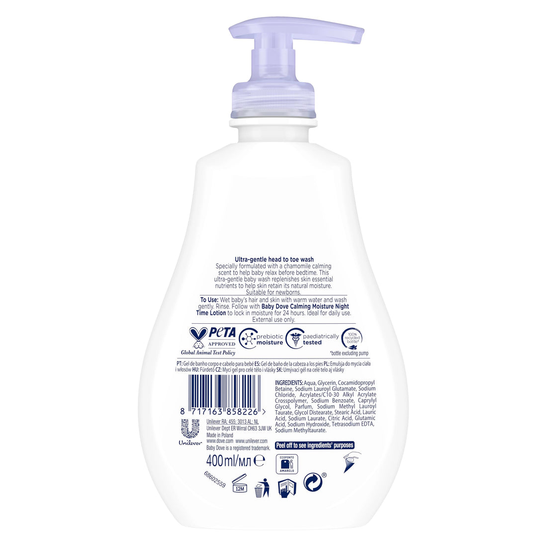 Baby Dove Calming Moisture Head to Toe Wash – Gentle Chamomile Baby Wash for Sensitive Skin, Relaxes & Soothe Before Bed, 3 x 400ml