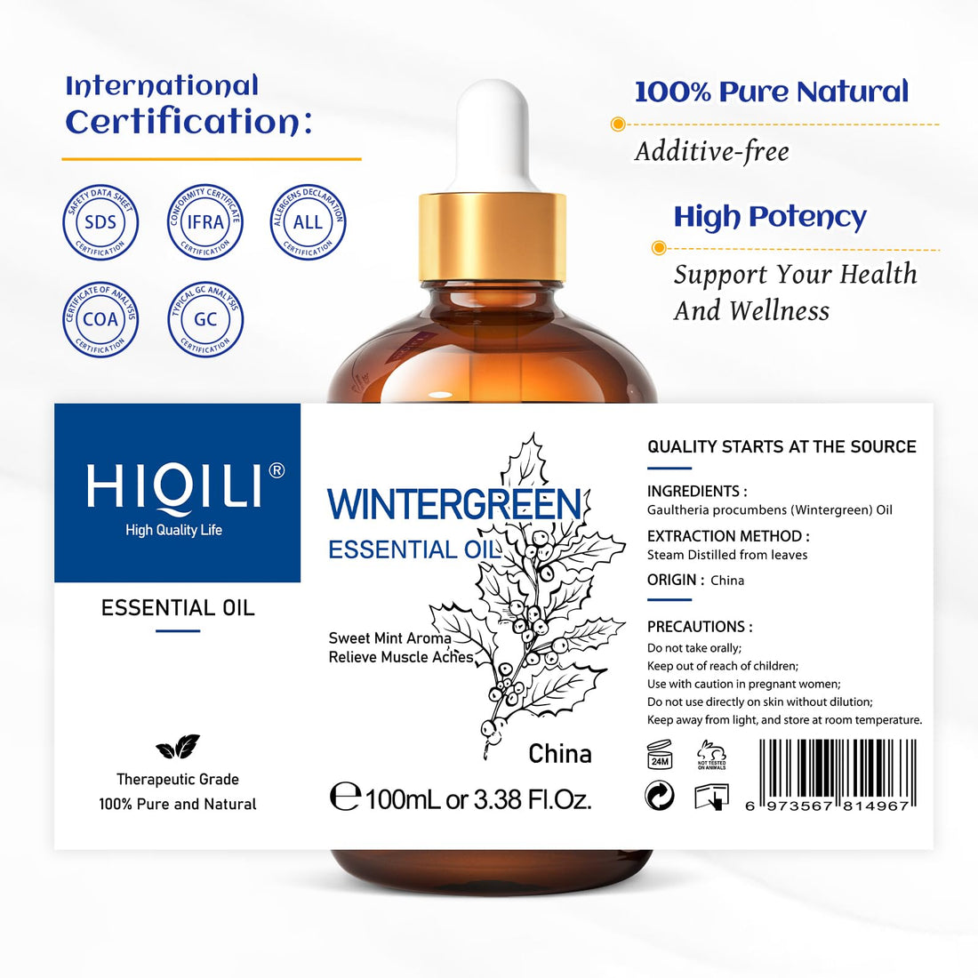 HIQILI 100ml Lavender Essential Oil Pure, 100% Natural Therapeutic Grade for Aromatherapy Diffuser, Skin Care, Hair, Includes Premium Quality Glass Dropper