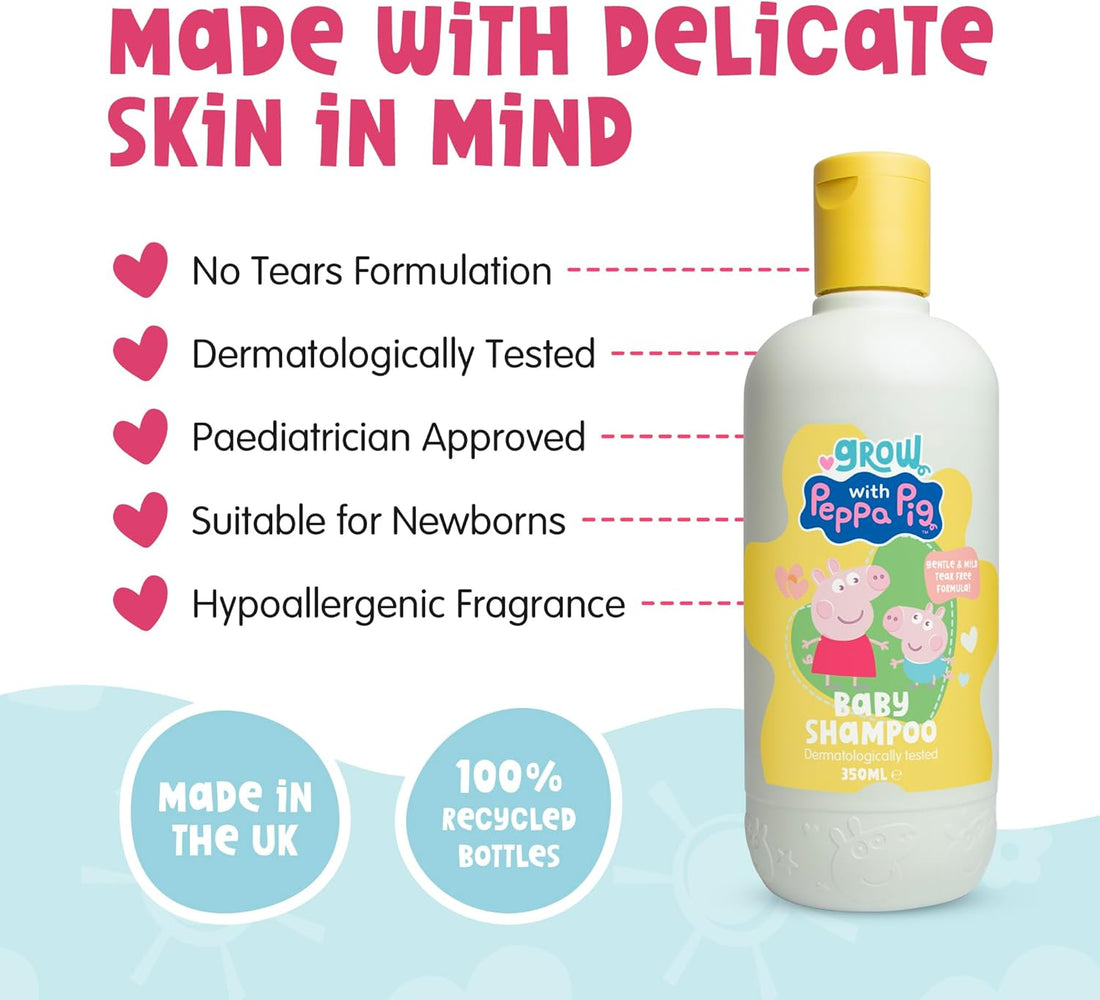 Peppa Pig Bathtime Fun Bundle - 350mlx3 - Coconut & Grape Baby Wash, Peach & Oat Milk Kids Shampoo and Peach & Oat Milk Bubble Bath & Baby Wash - Hypoallergenic & Dermatologically Approved
