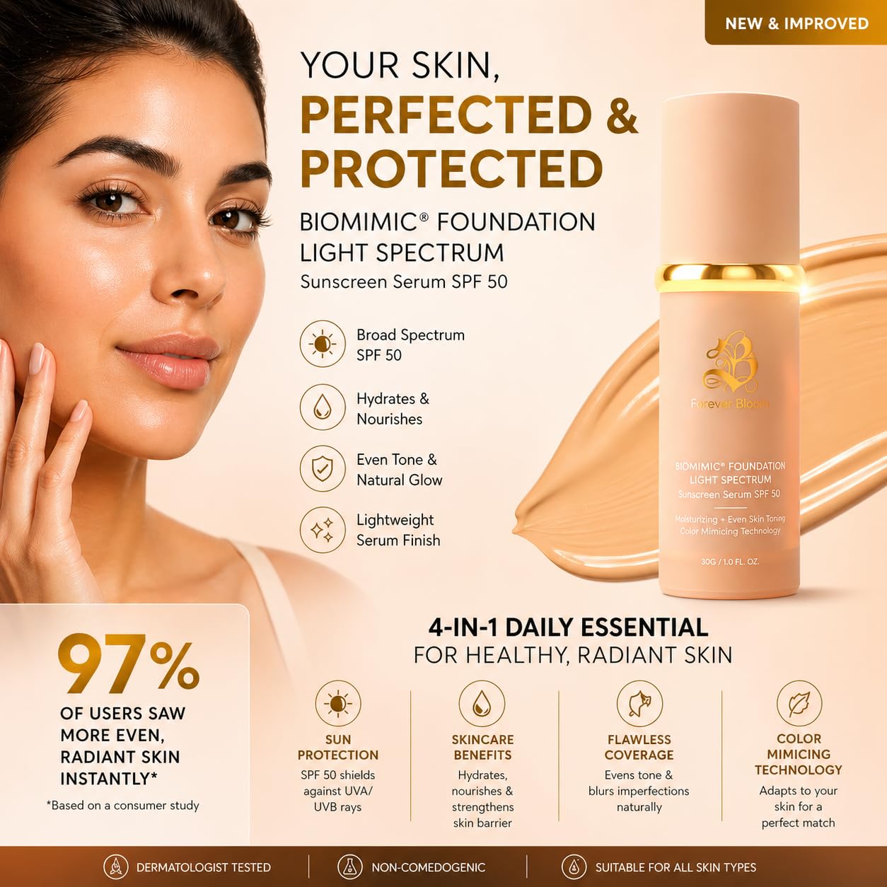 Bio Mimic Foundation Medium Spectrum by Forever Bloom; Protecting from Sun with SPF50; Foundation for Gym, Sports, Dancing Makeup for Mature & Sensitive Skin, Natural Finish Made in USA