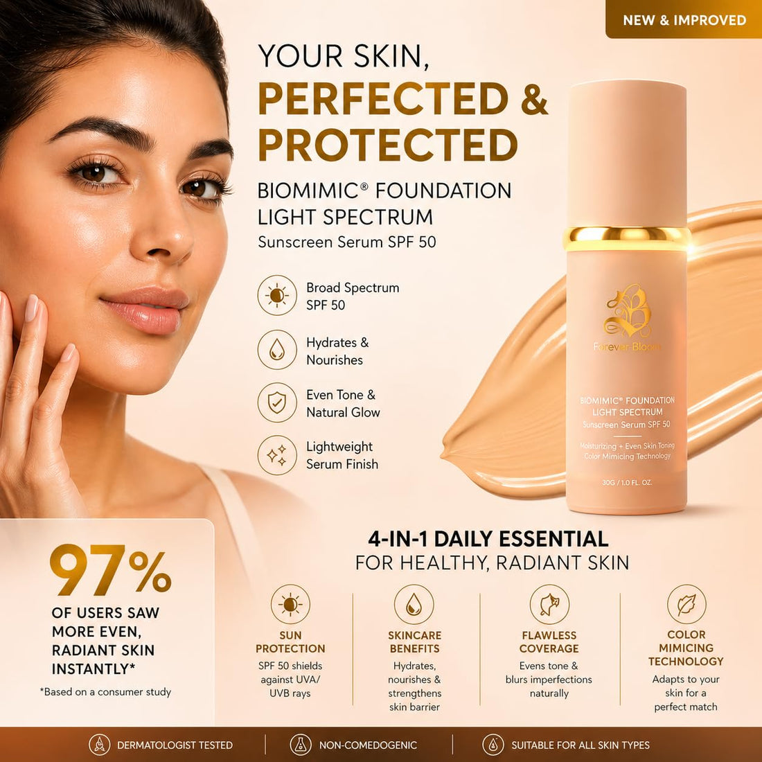Bio Mimic Foundation Medium Spectrum by Forever Bloom; Protecting from Sun with SPF50; Foundation for Gym, Sports, Dancing Makeup for Mature & Sensitive Skin, Natural Finish Made in USA