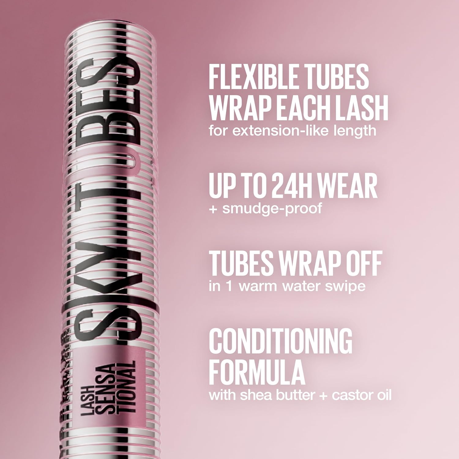 Maybelline Tubing Mascara Black, Lash Sensational Sky High Tubes Mascara with with Shea Butter + Castor Oil, Lengthening for Extension-Like Length, 24H Smudge-Proof, Washable, Vegan, Sensitive Eyes Halalzen