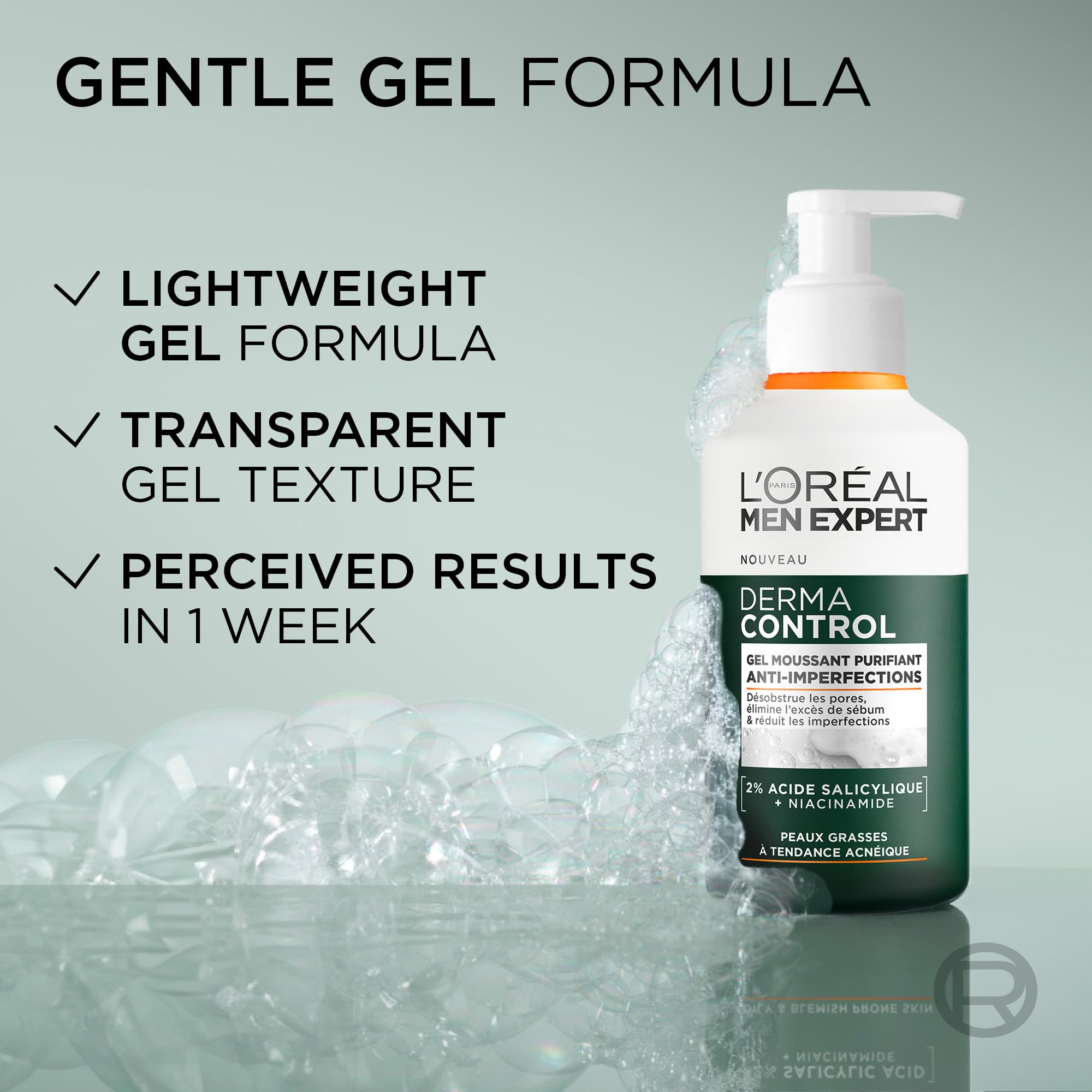 L'Oréal Men Expert Derma Control Purifying Cleansing Gel for Oily & Blemish-Prone Skin, Salicylic Acid & Niacinamide Deep Cleanser, Removes Dead Skin Cells, Unclogs Pores, 260ml