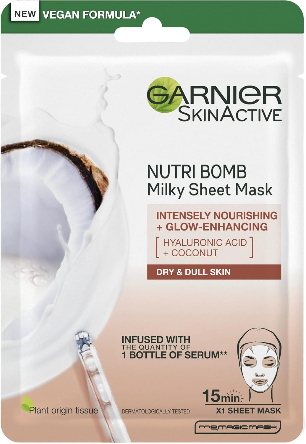 Garnier Nutri Bomb Milky Sheet Face Mask, With Coconut and Hyaluronic Acid for Hydrated Glowing Skin, Intensely Nourishing & Restoring, Cruelty Free & Vegan Tissue Mask, 28g