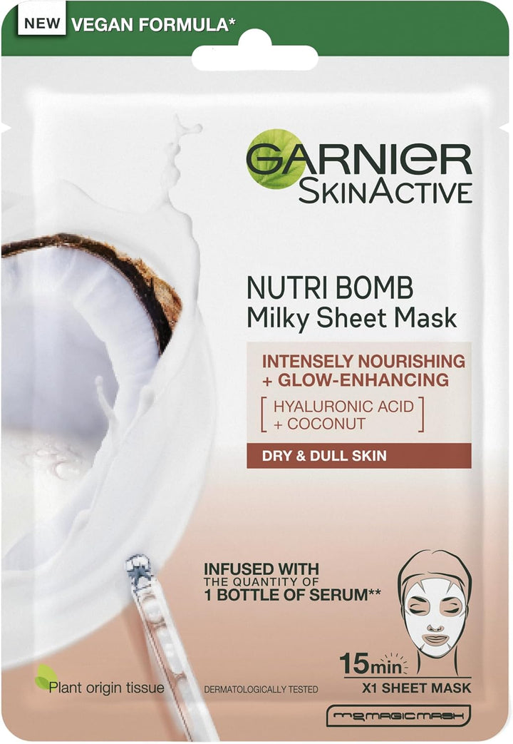 Garnier Nutri Bomb Milky Sheet Face Mask, With Coconut and Hyaluronic Acid for Hydrated Glowing Skin, Intensely Nourishing & Restoring, Cruelty Free & Vegan Tissue Mask, 28g Halalzen