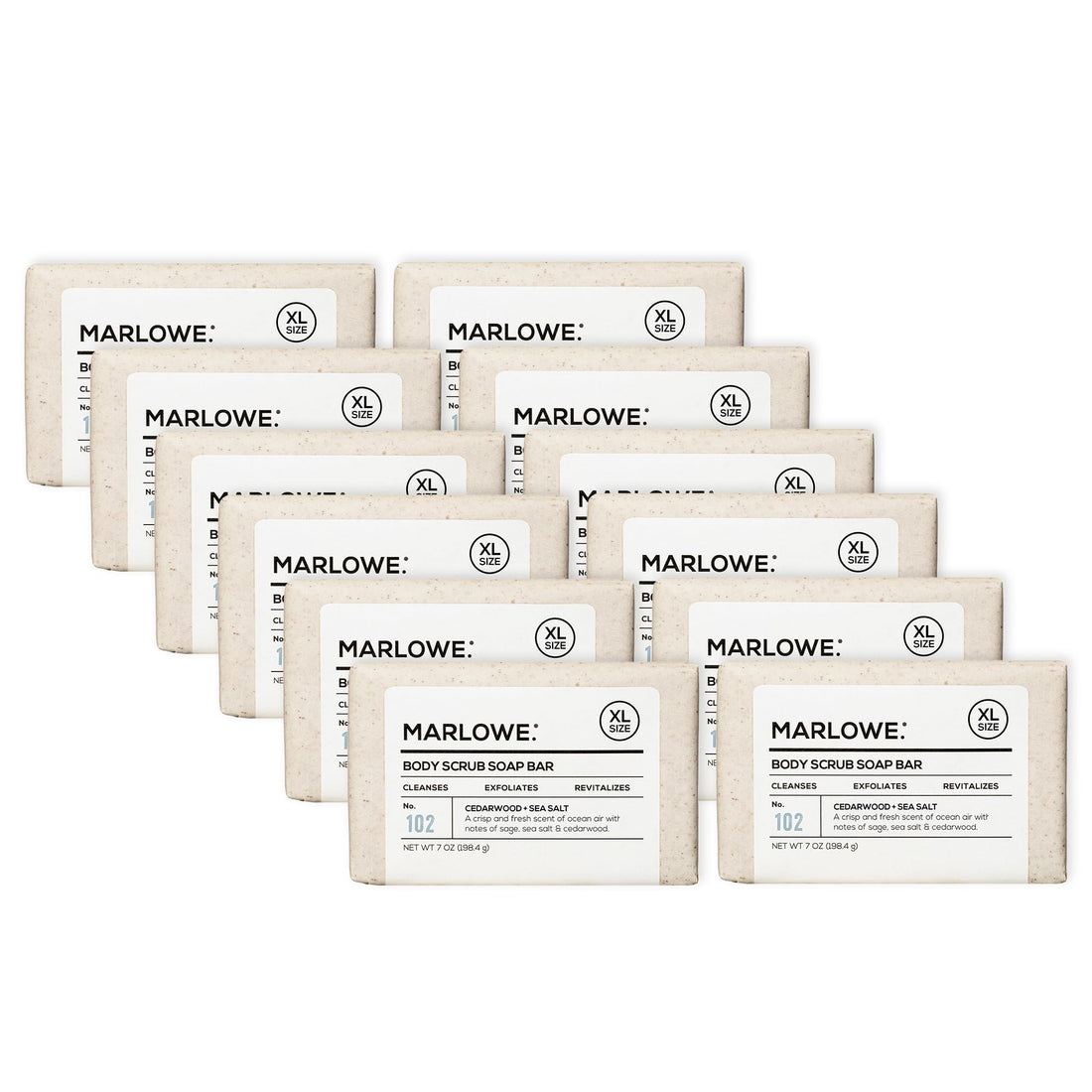 MARLOWE. No. 102 Body Scrub Soap 7 oz, Cedarwood & Sea Salt, Exfoliating Soap Bar with Shea Butter, Olive Oil & Green Tea Extracts, Cleanses, Smooths & Revitalizes Skin, Fresh & Zesty Scent