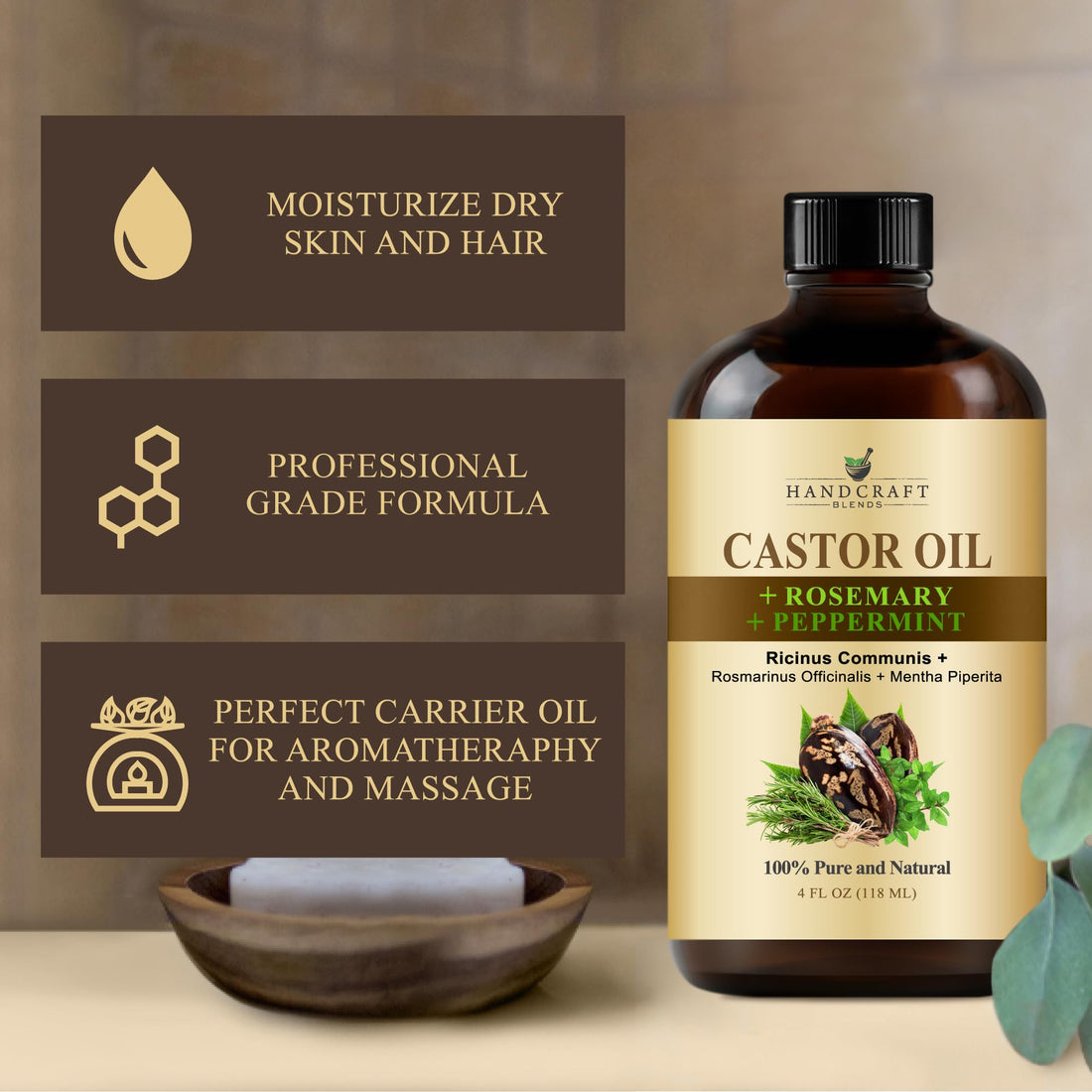 Handcraft Blends Castor Oil with Rosemary and Peppermint Oil 118 ml | 100% Pure and Natural | Premium Grade Carrier Oil | Hair, Eyelashes and Eyebrows | Hair and Body