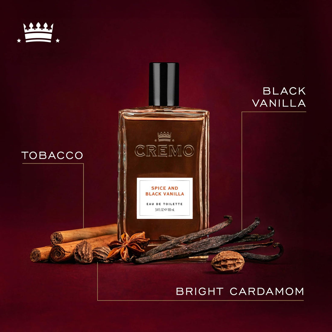Cremo Men's Eau de Toilette, Spice and Black Vanilla Cologne for Men, Spicy Men's Perfume Gift for Men, 100 ml