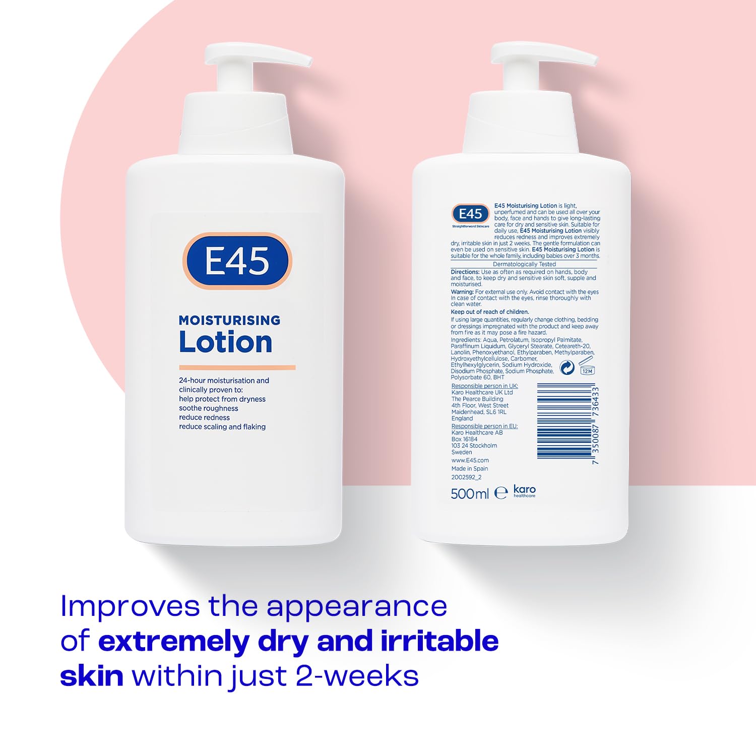 E45 Moisturising Lotion 500 ml for Dry & Sensitive Skin - Long-Lasting Hydration Protect from Dryness, Reduce Redness - Dermatological Body Moisturiser Lotion - Body Lotion - Daily Moisturiser Halalzen
