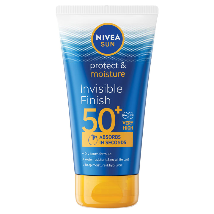 NIVEA SUN Protect & Moisture Invisible Finish Sun Cream SPF50+ (150 ml), Sun Lotion with Vitamin C and Hyaluron, 48H Moisture and Immediate UVA/UVB Protection, No White Cast Ultralight Formula Halalzen
