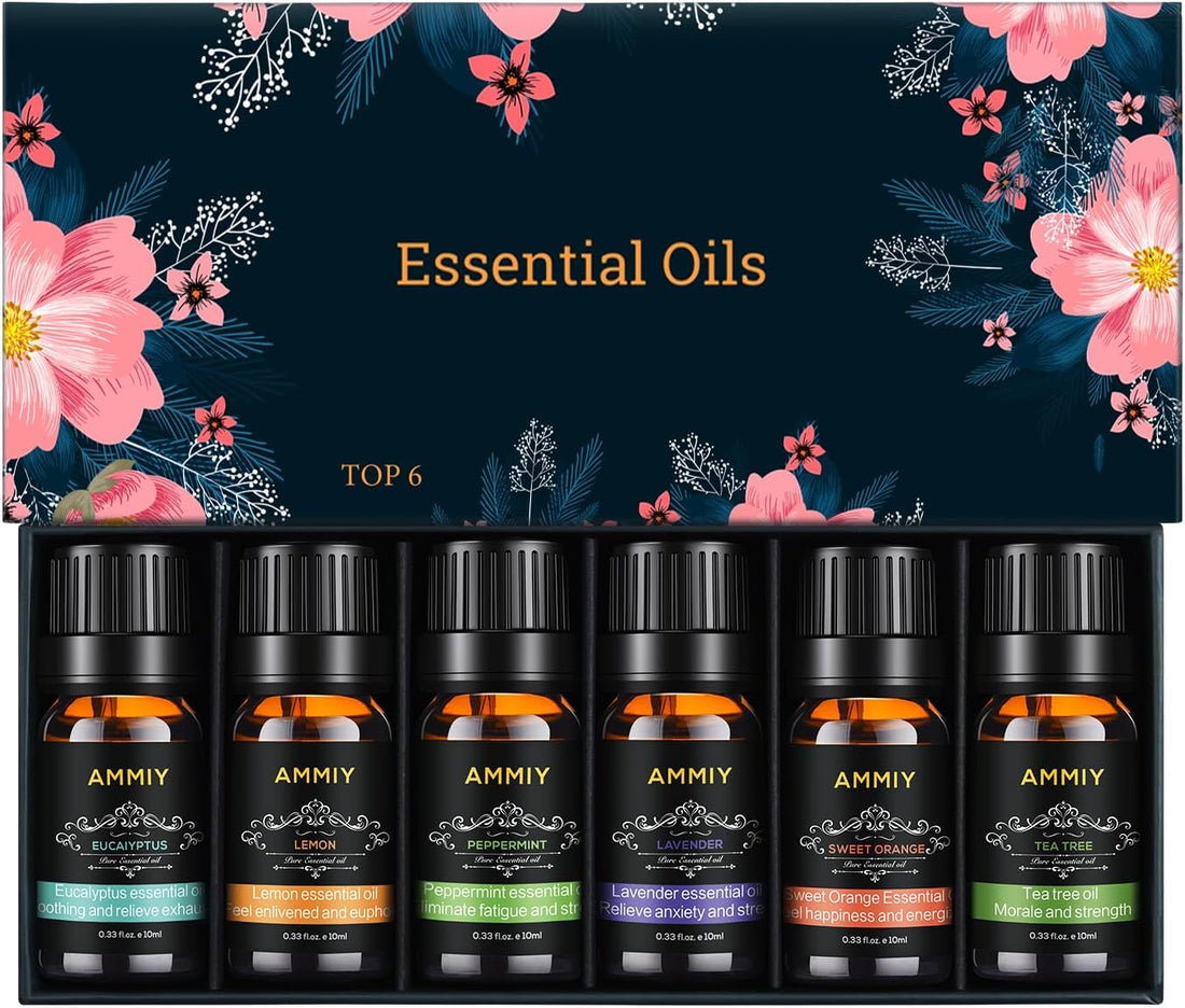 Essential Oils Gift Set, 10ml*Top 6 Relaxing Scents, Pure, Natural, Vegan Oils Including Eucalyptus, Lemon, Peppermint, Lavender, Sweet Orange and Tea Tree