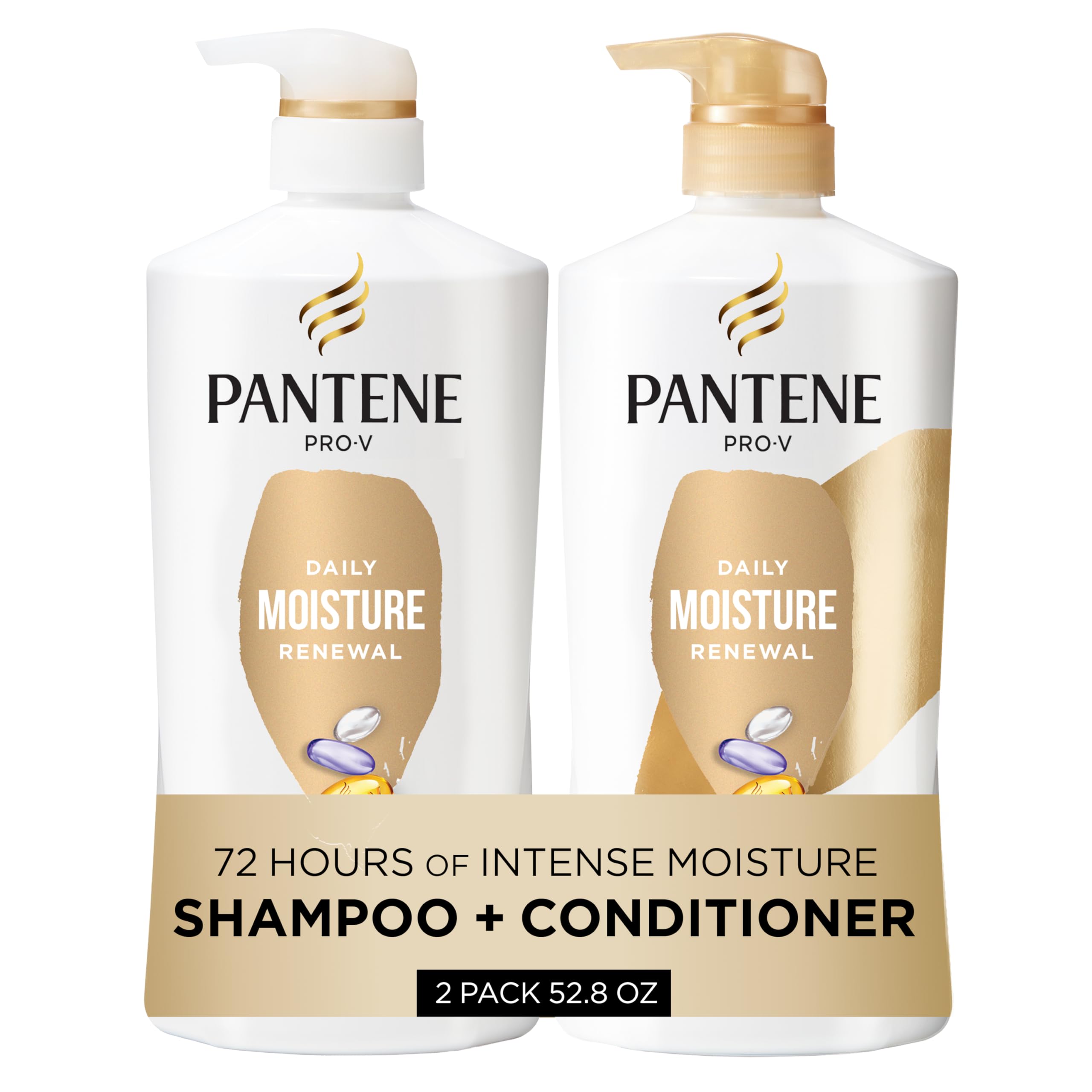 Pantene Shampoo & Conditioner Set, Daily Moisture Renewal - Pro-V Nutrients for Dry, Color-Treated, Straight to Curly Hair, 72-Hour Hydration & Softness, 52.8 Oz Total + Miracle Rescue Shot (0.5 Oz) Halalzen