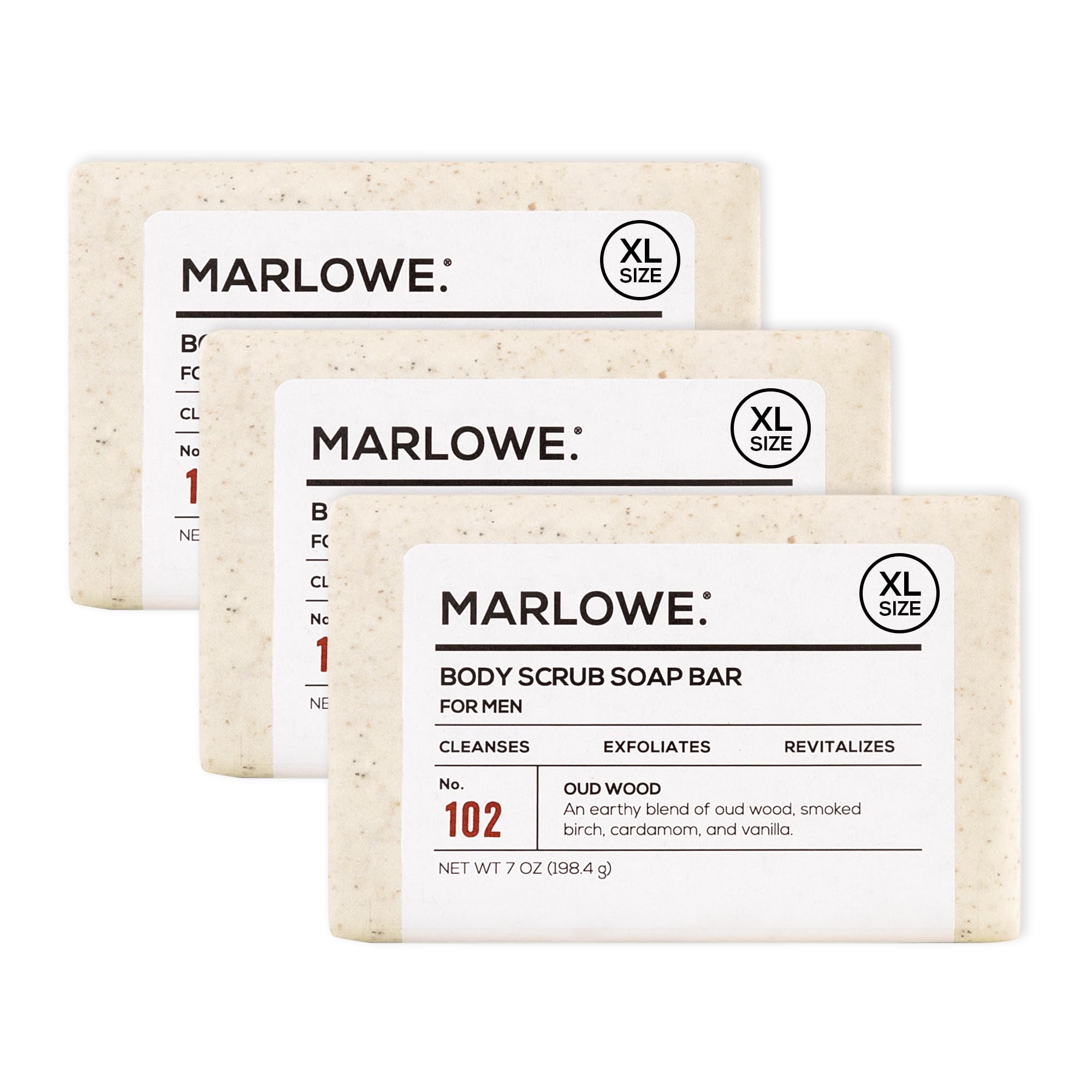 MARLOWE. No. 102 Body Scrub Soap 7 oz, Cedarwood & Sea Salt, Exfoliating Soap Bar with Shea Butter, Olive Oil & Green Tea Extracts, Cleanses, Smooths & Revitalizes Skin, Fresh & Zesty Scent