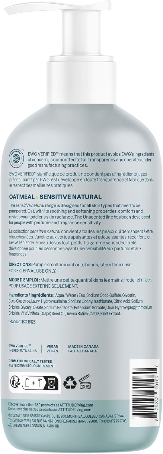 ATTITUDE 2-in-1 Shampoo and Body Wash for Baby with Sensitive Skin with Oat, EWG Verified, Dermatologically Tested, Vegan, Unscented, 473 mL