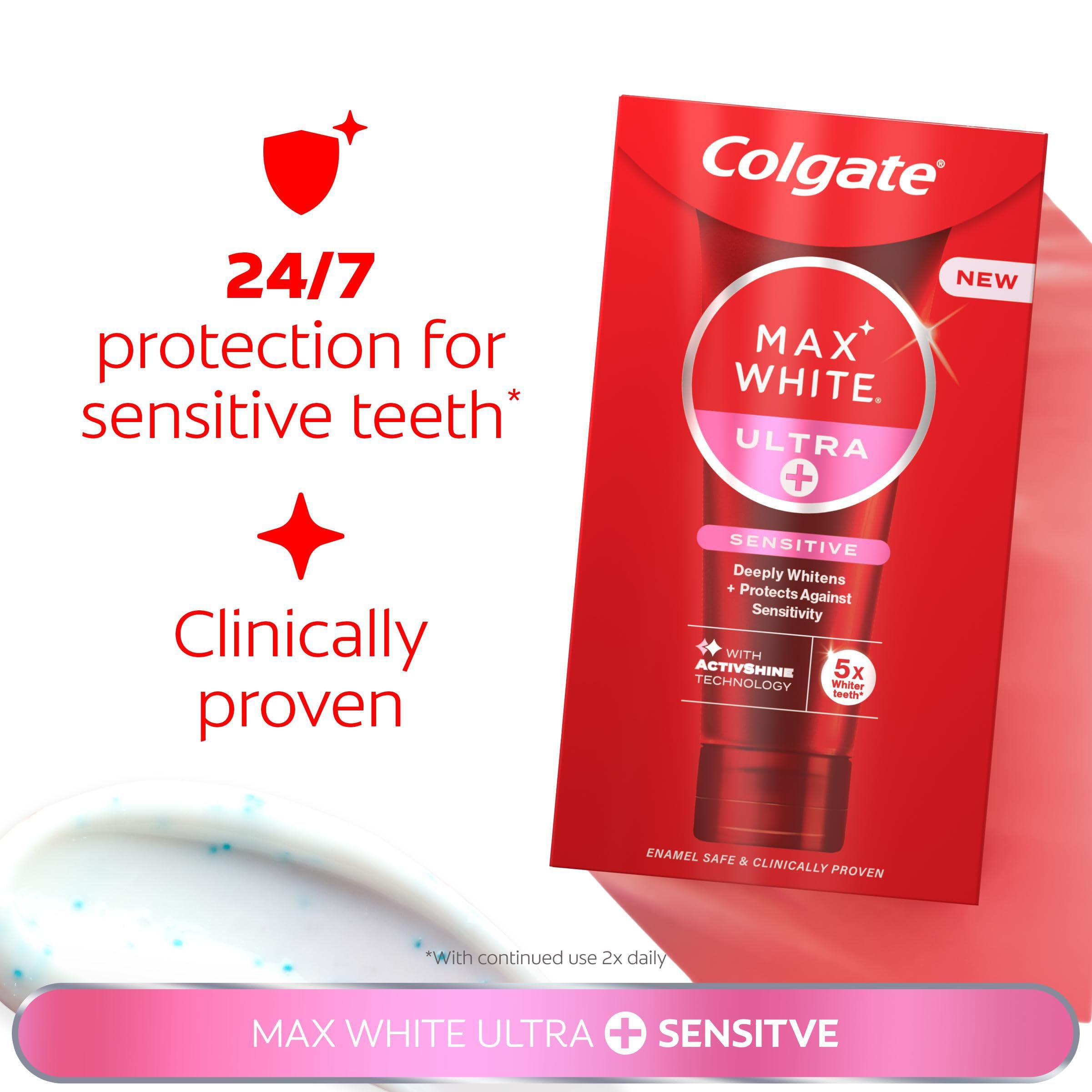 Colgate Max White Ultra+ Enamel Toothpaste 75ml, Whitens Deep Stains for 5X Whiter Teeth, ActiveShine Technology Smoothes Enamel Surface to Reflect Light, Protects and Remineralises Enamel
