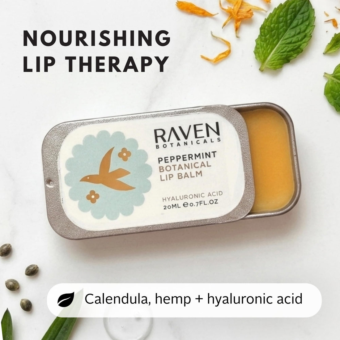 Raven Botanicals Natural Lip Balm Treatment, Hydration and Barrier Support, Organic Plant Extract Formula – Botanical Lip Balm 20ml (Rose Geranium)