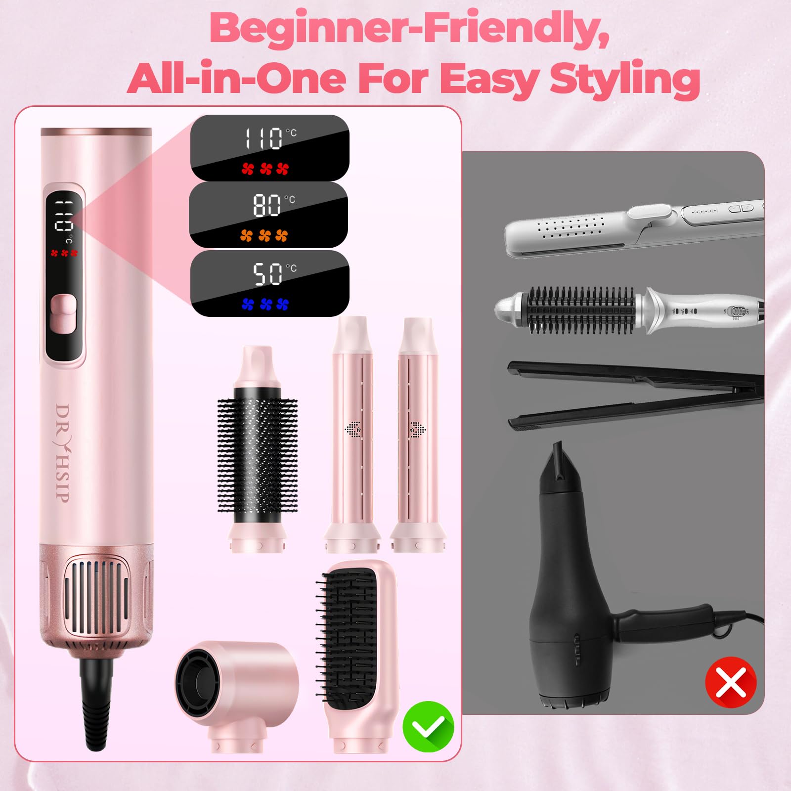 5 in 1 Hot Air Styler, Hair Dryer Brush with Auto Wrap Curlers, 3 Heat Settings, Fast Drying & Volumizing – Includes Curling Barrels & Straightening Comb (Charcoal) Halalzen