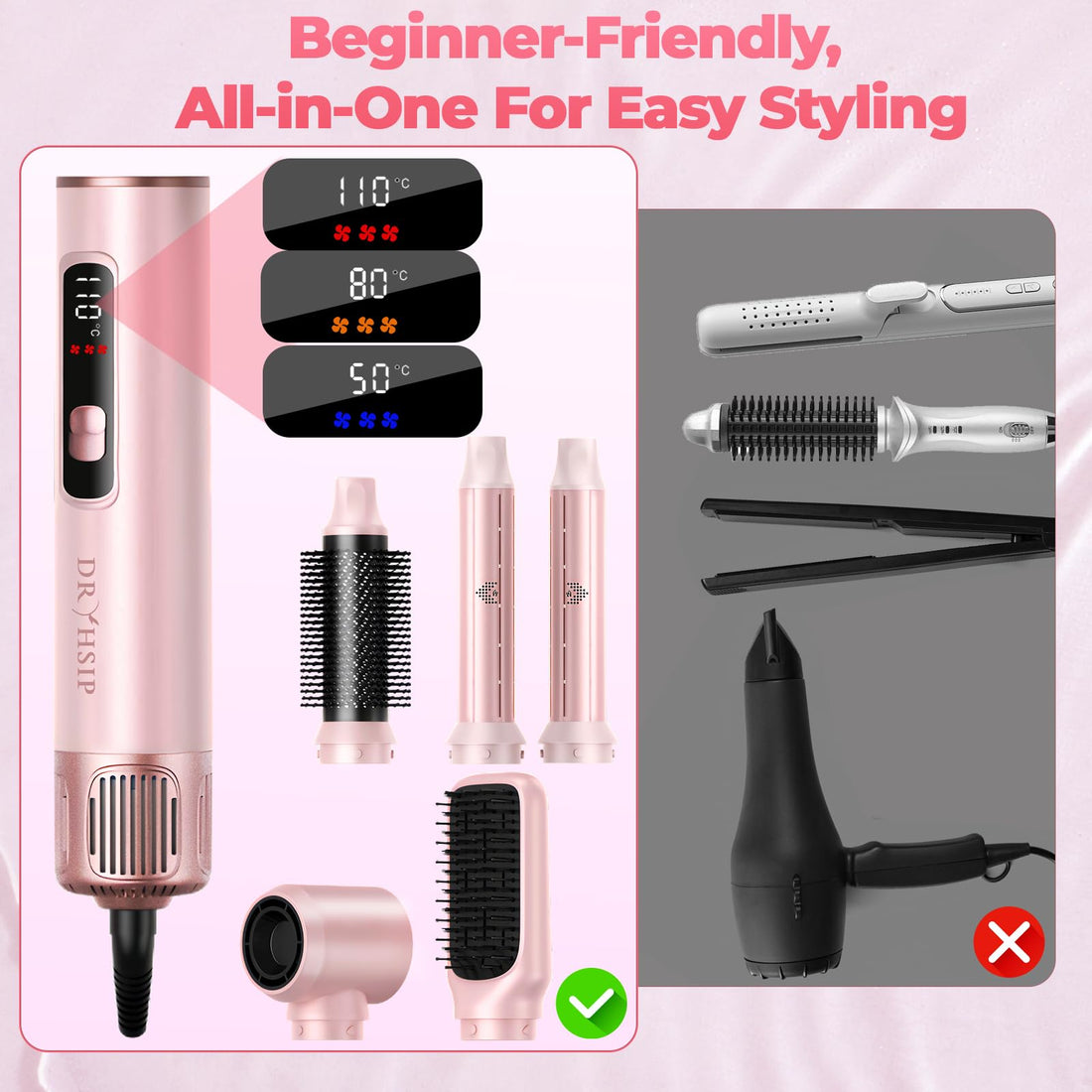 5 in 1 Hot Air Styler, Hair Dryer Brush with Auto Wrap Curlers, 3 Heat Settings, Fast Drying & Volumizing – Includes Curling Barrels & Straightening Comb (Charcoal) Halalzen