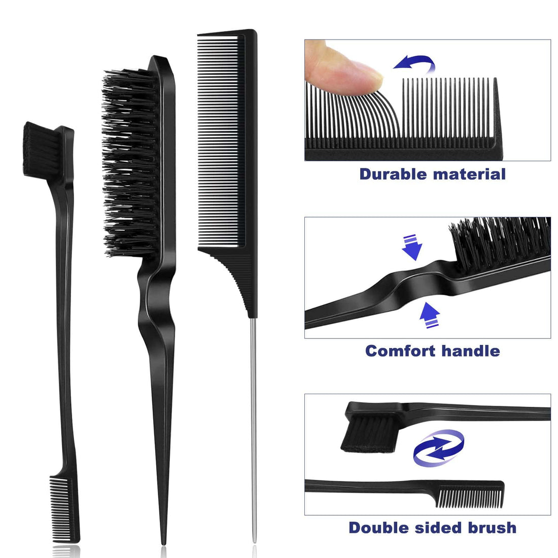 Qufiiry 3-Piece Hair Slick-Back Brush Set - Teasing & Edges Brush for Women's Salon Styling - Pink Halalzen