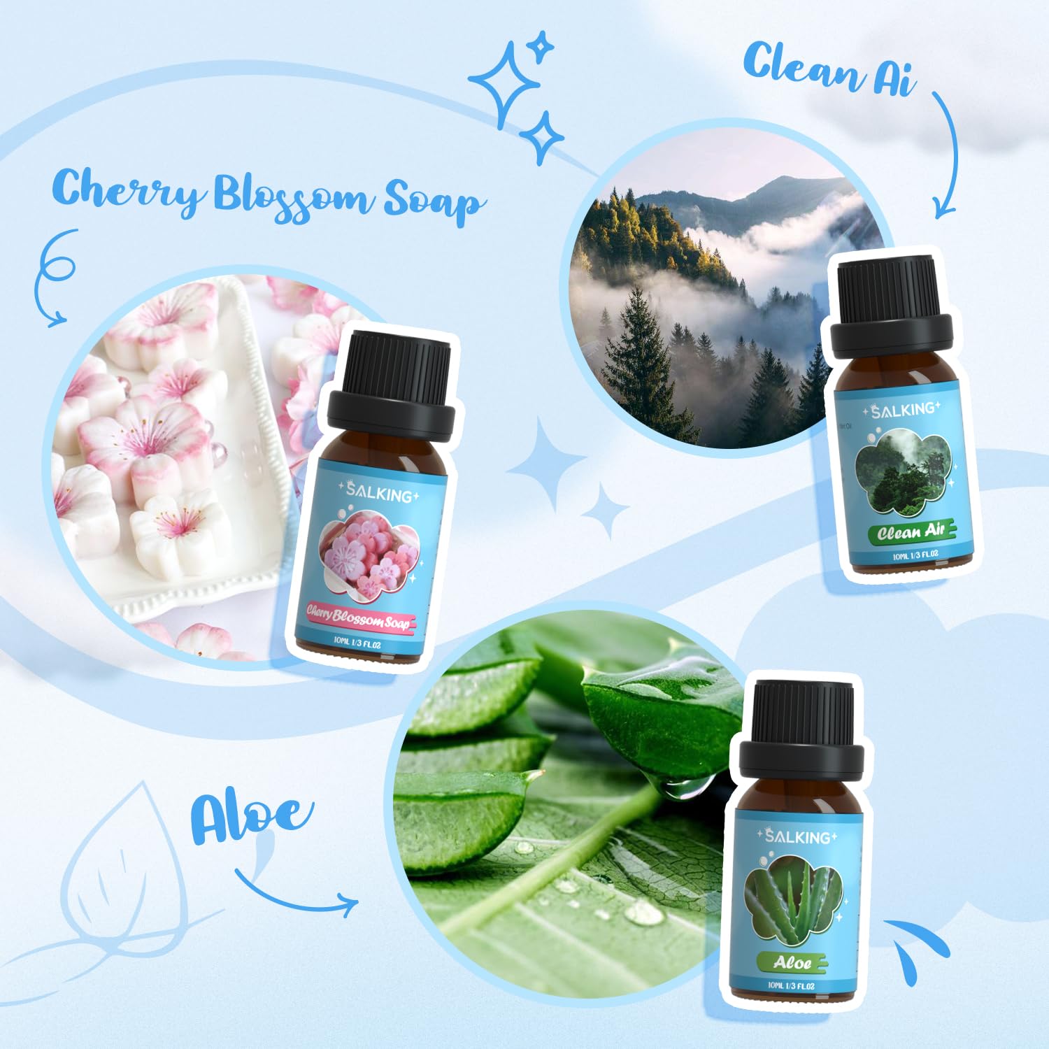 SALKING Essential Oils Set, 100% Pure Fragrance Oil AromatherapyGift, Premium Scented Oils for Diffusers 6 x 10 ML - Lavender, Rose, Jasmine, Cherry Blossom, Gardenia, Chamomile, Pink